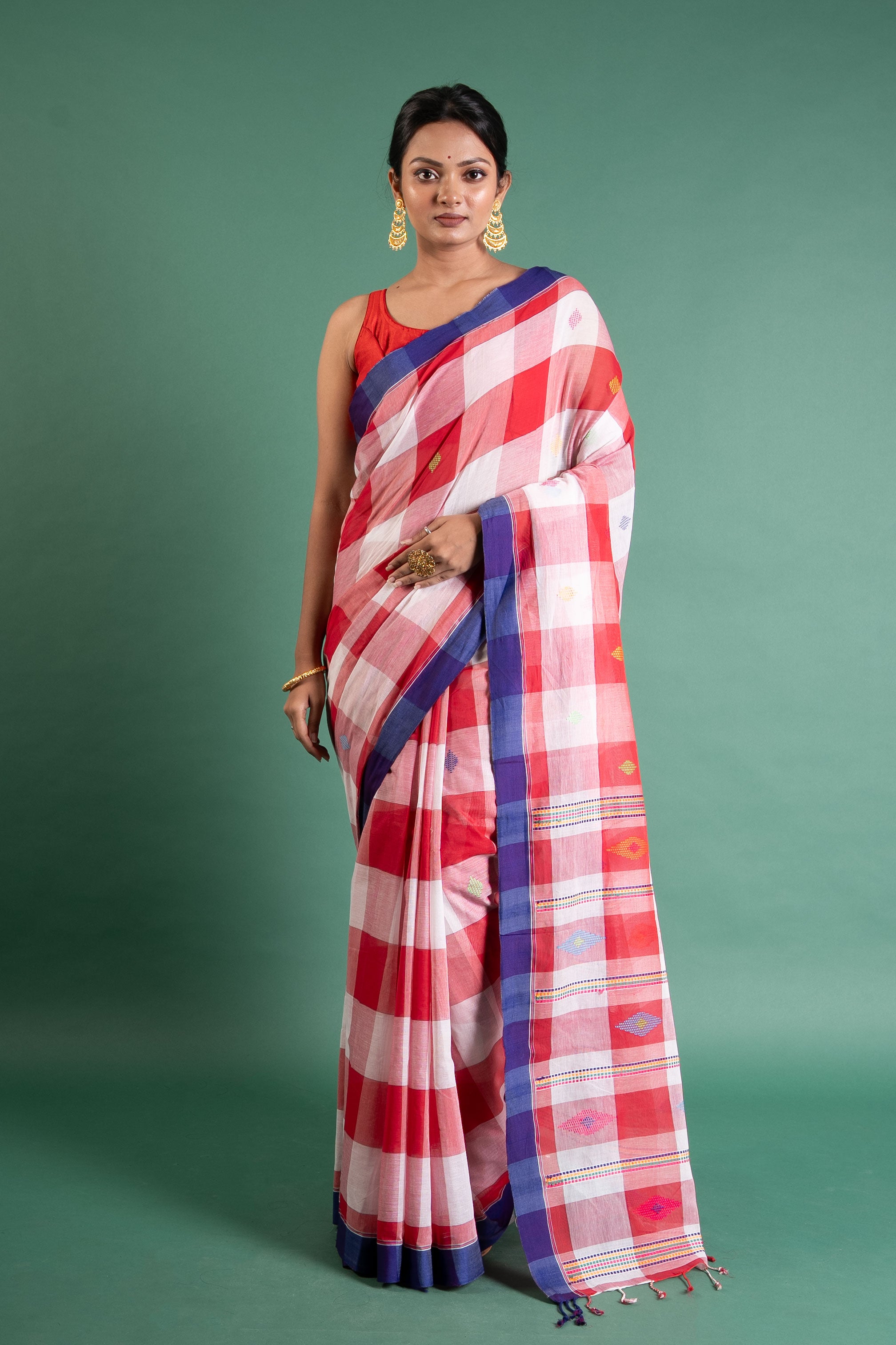 Scarlet Check Handloom Cotton Saree with Indigo Border