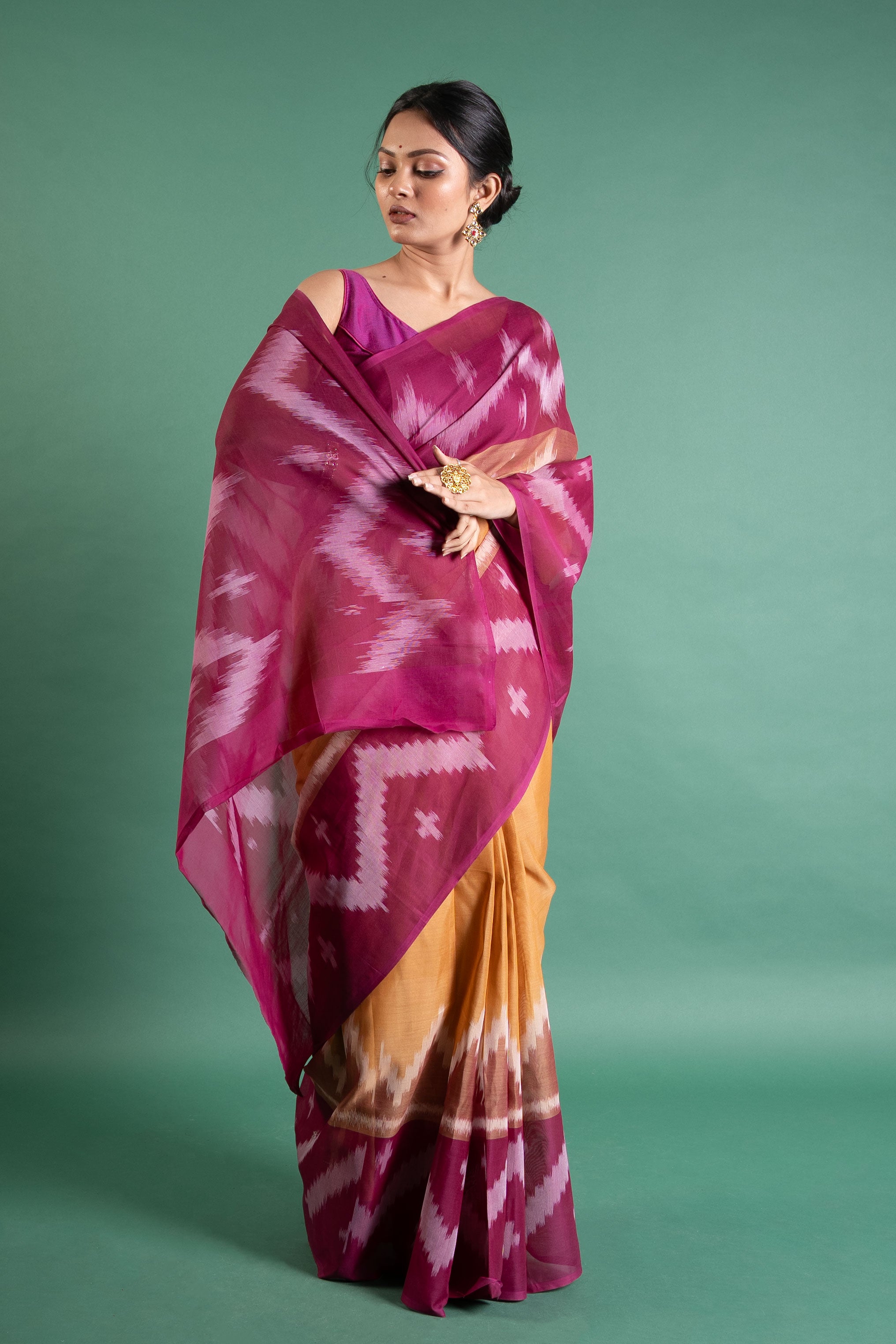 Magenta–Mustard Ikat Weave Saree