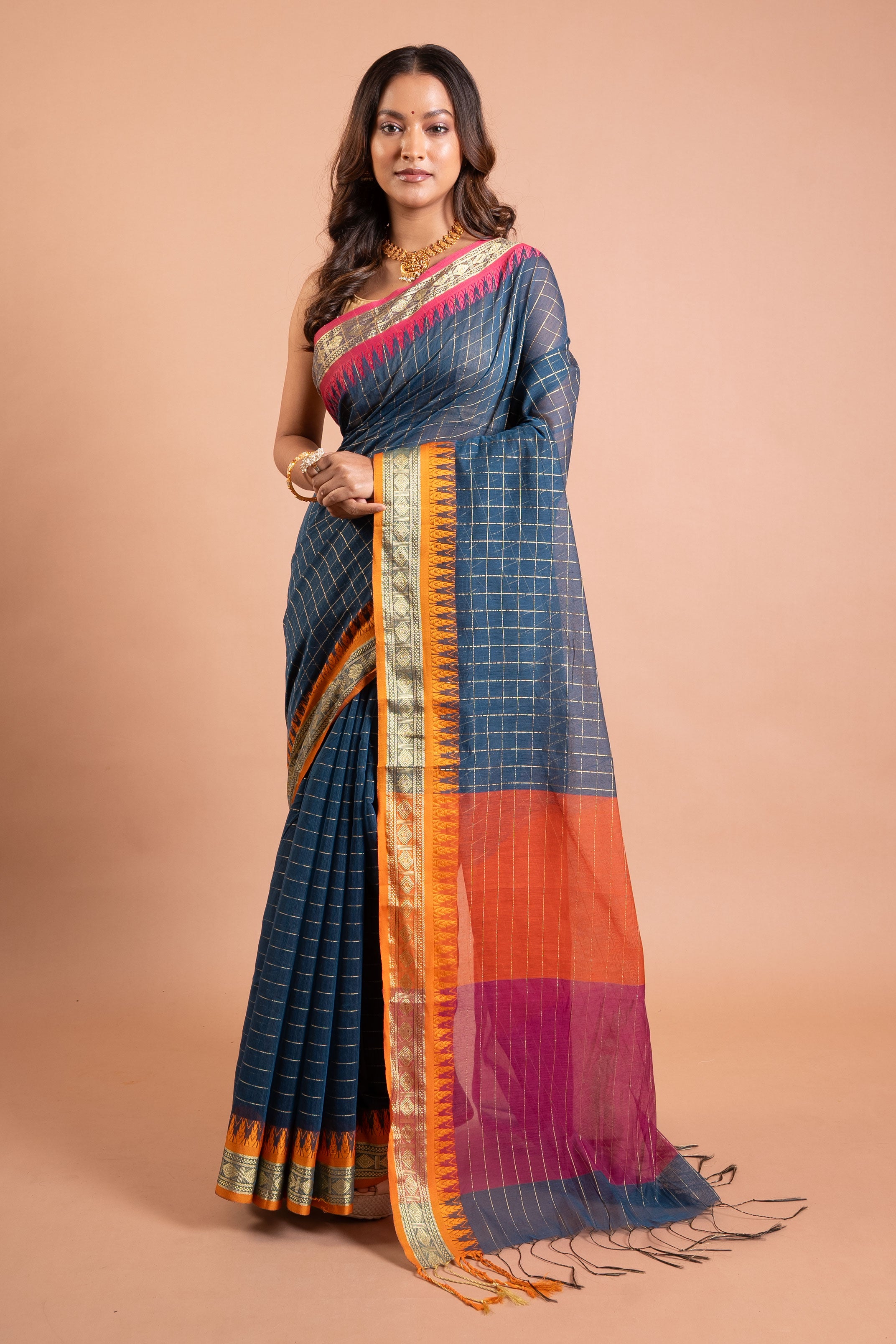 Teal Blue Checkered Handloom Saree with Pink-Gold Border