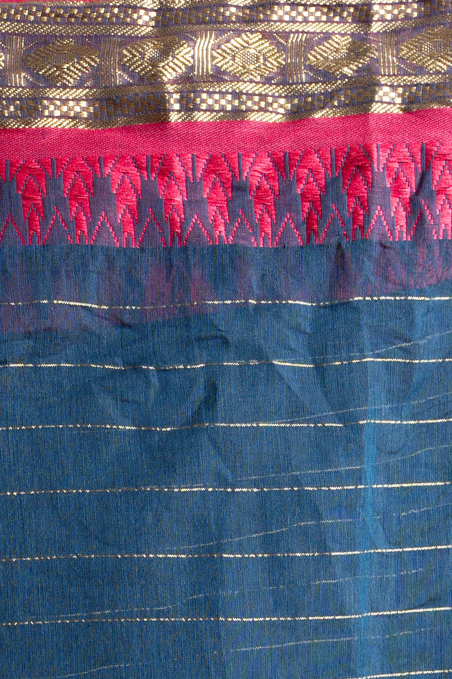 Teal Blue Checkered Handloom Saree with Pink-Gold Border