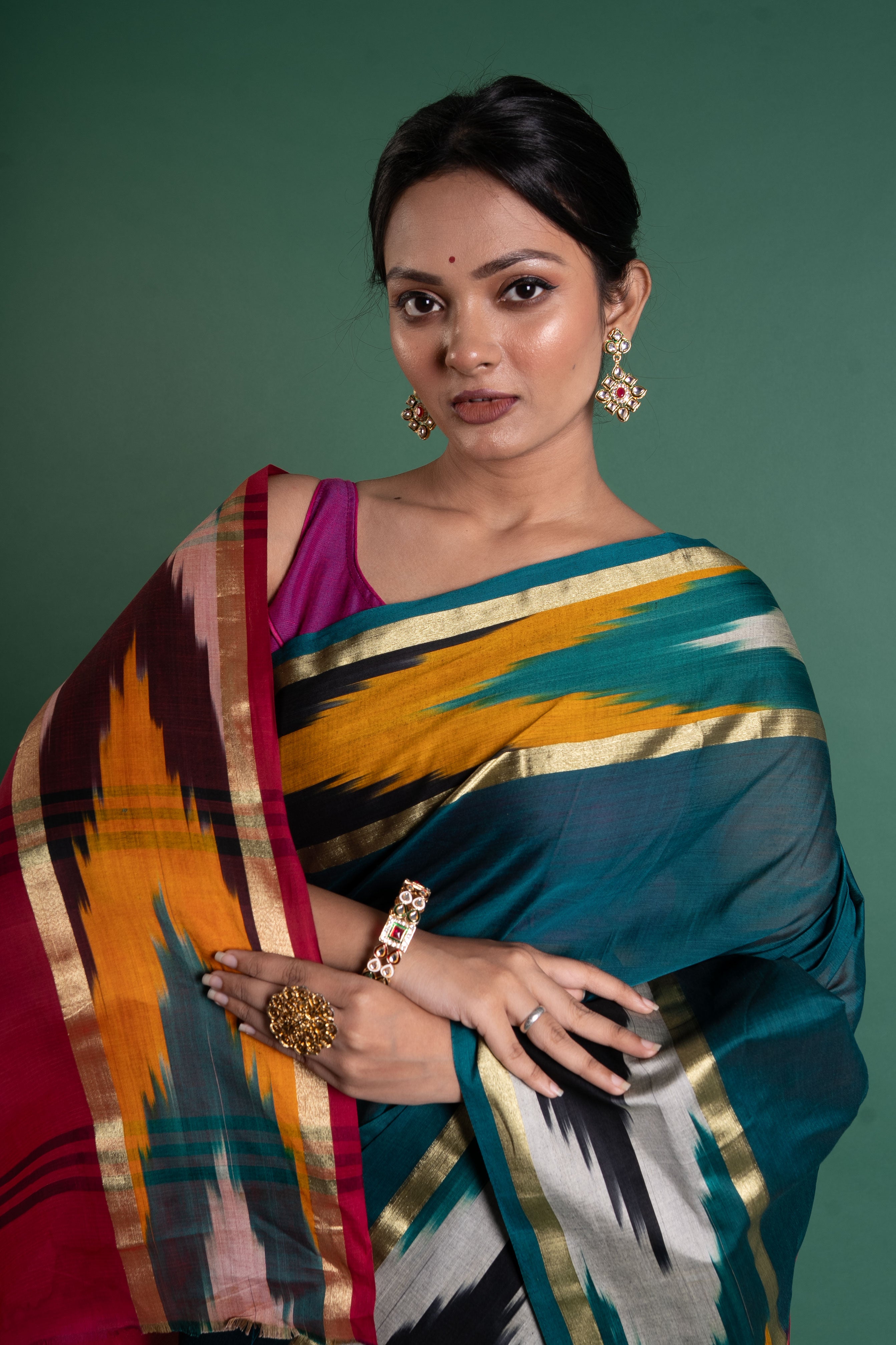 Teal & Magenta Ikat Breeze – Pure Handloom Cotton Saree