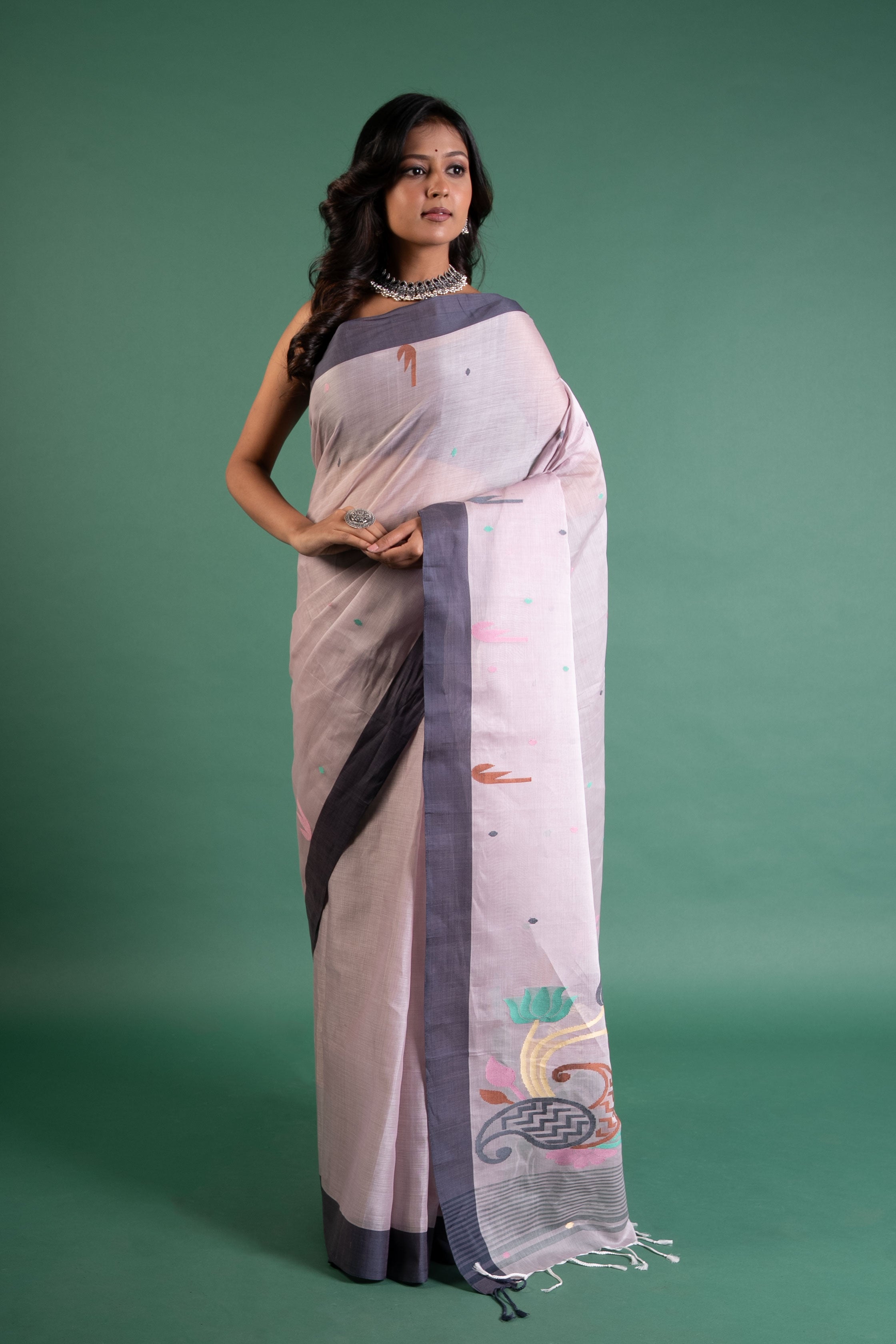 Mauve Mist Handloom Cotton Saree with Grey Border