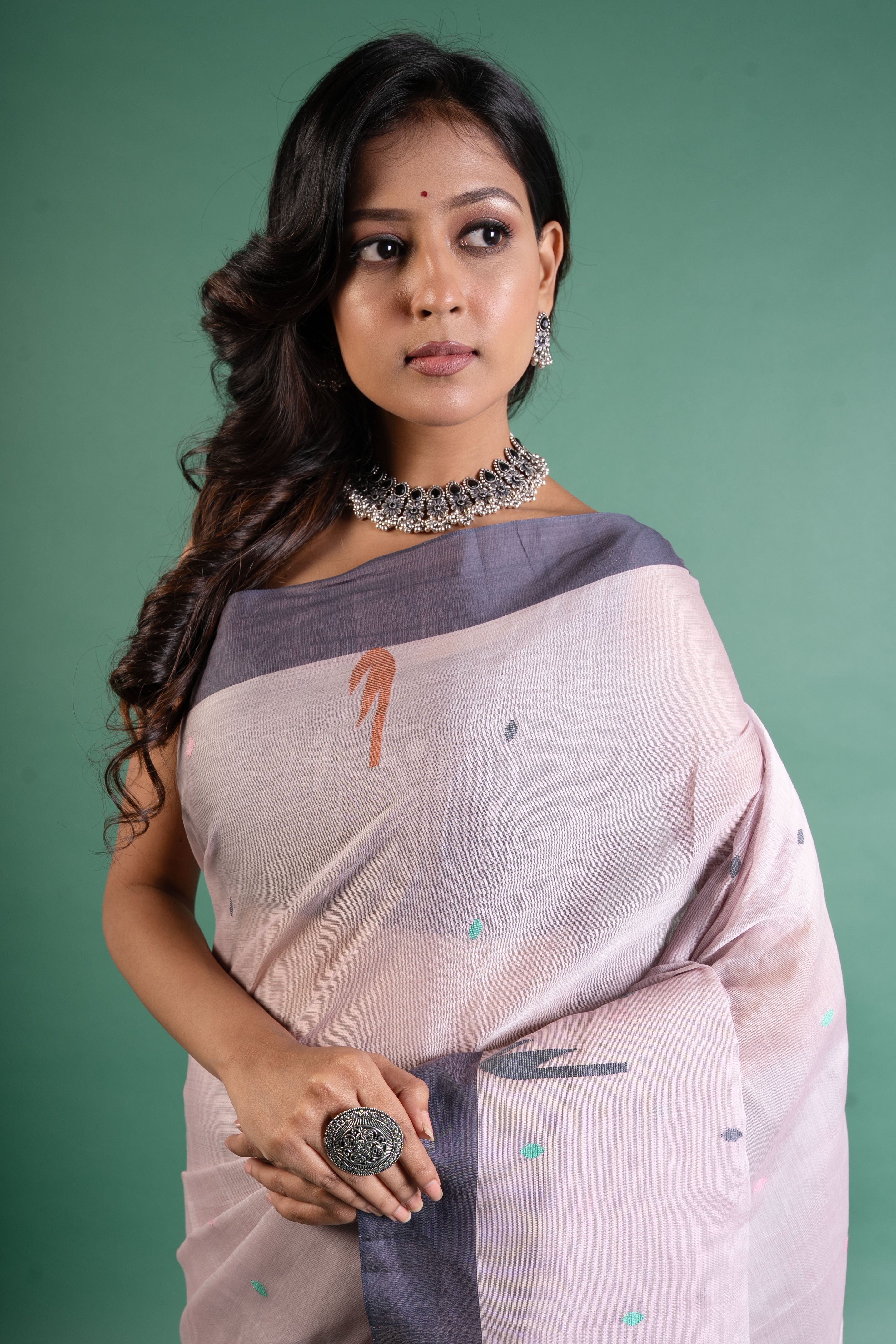 Mauve Mist Handloom Cotton Saree with Grey Border