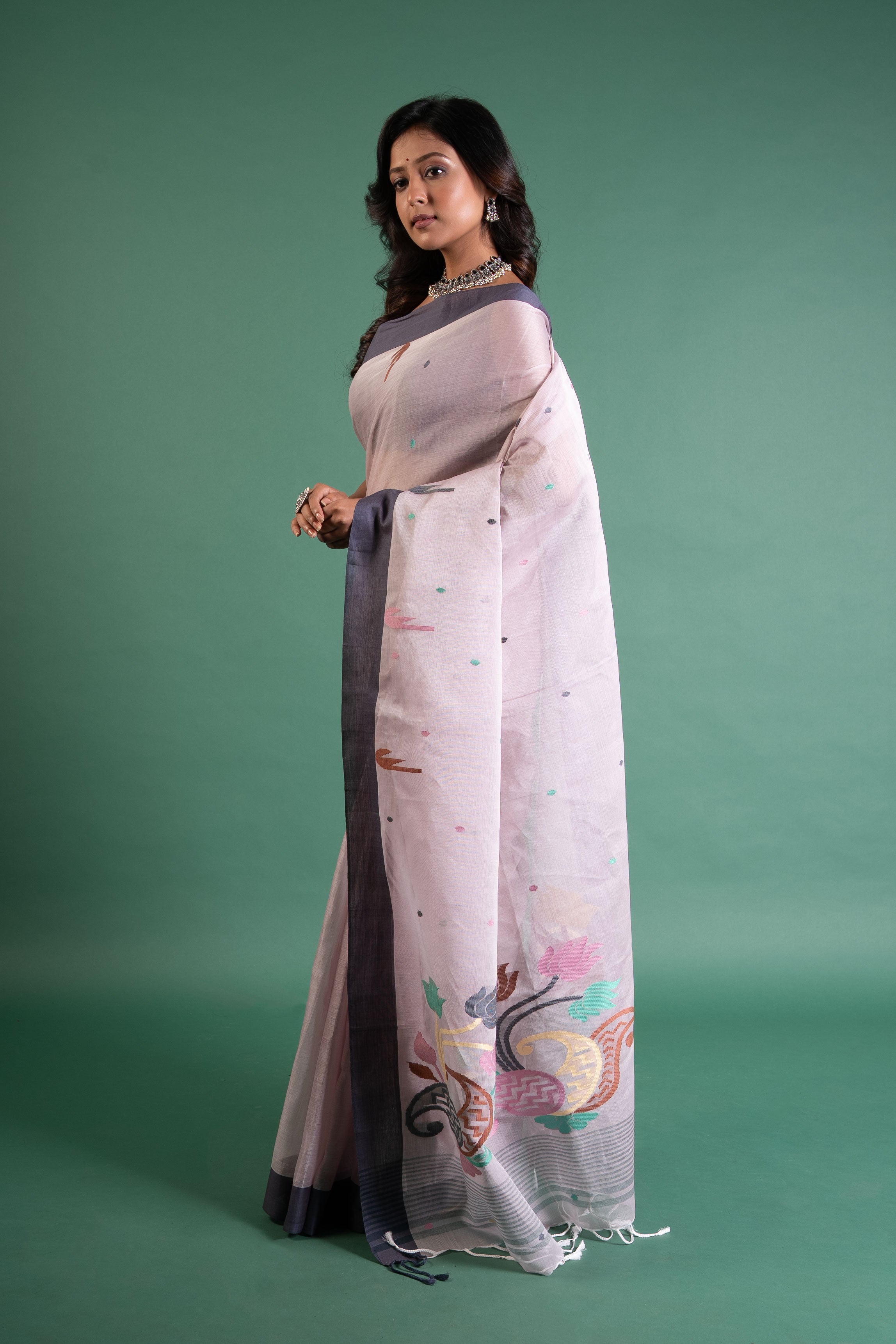 Mauve Mist Handloom Cotton Saree with Grey Border