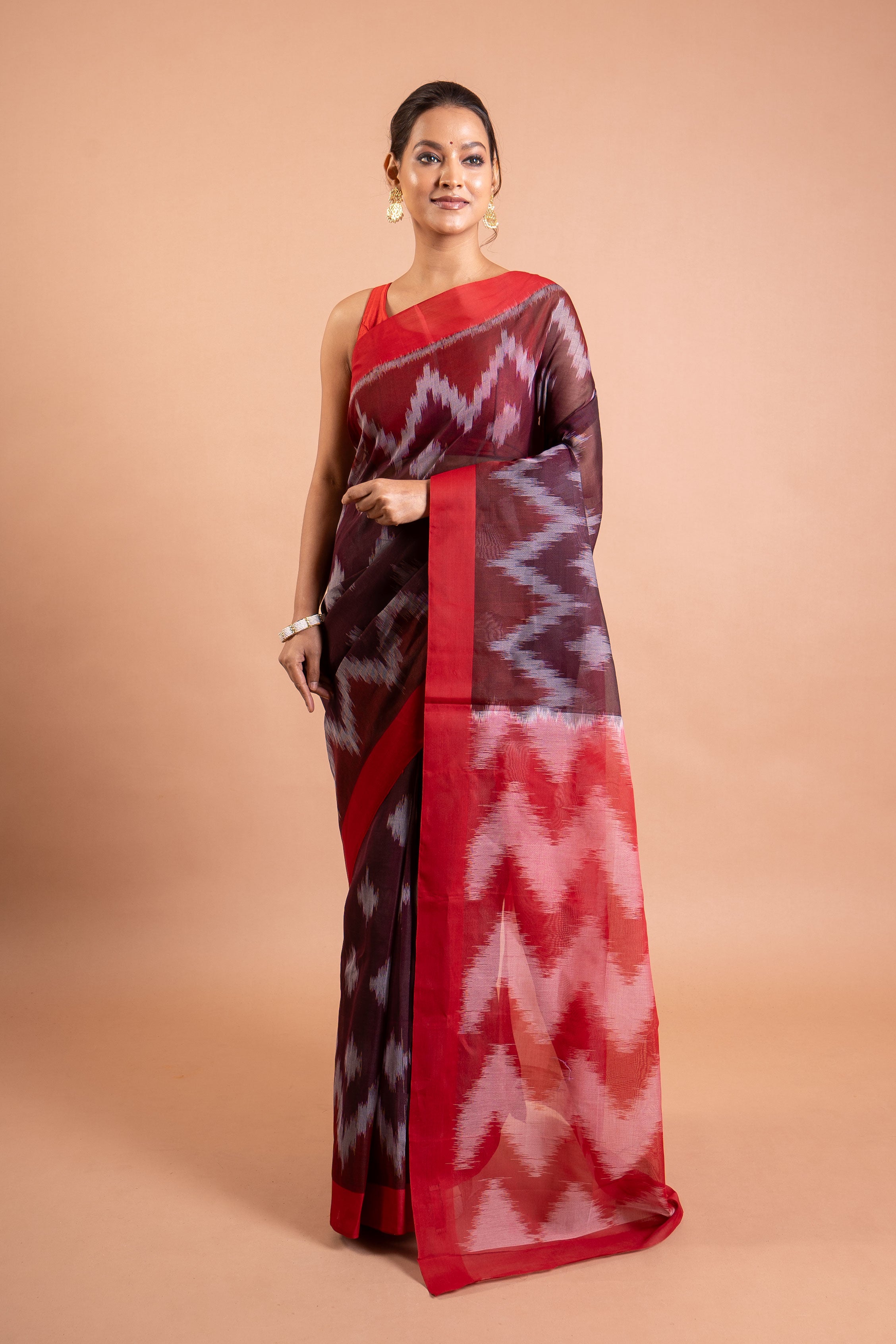 Rangrez Crimson Ikat Pure Handloom Saree
