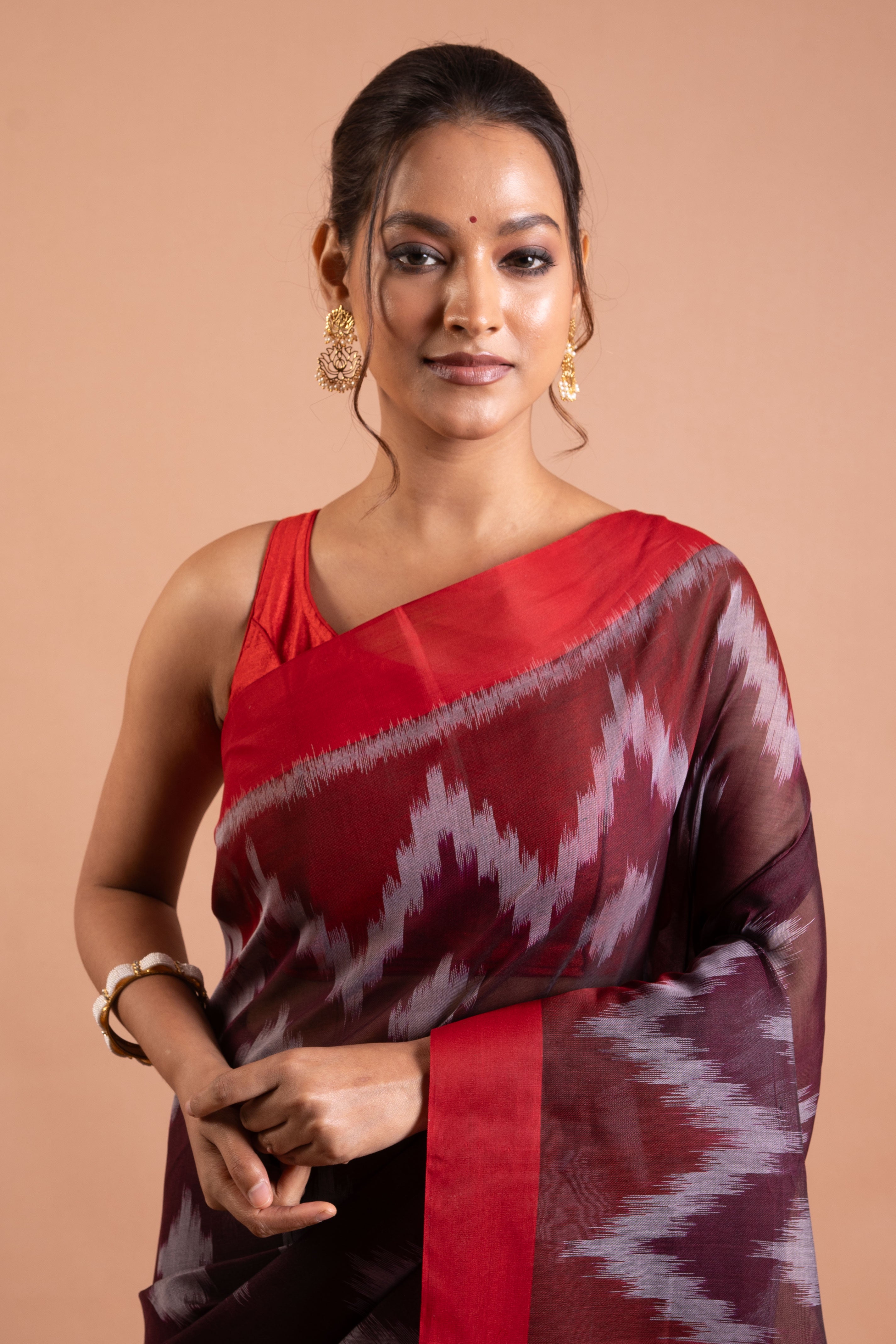 Rangrez Crimson Ikat Pure Handloom Saree