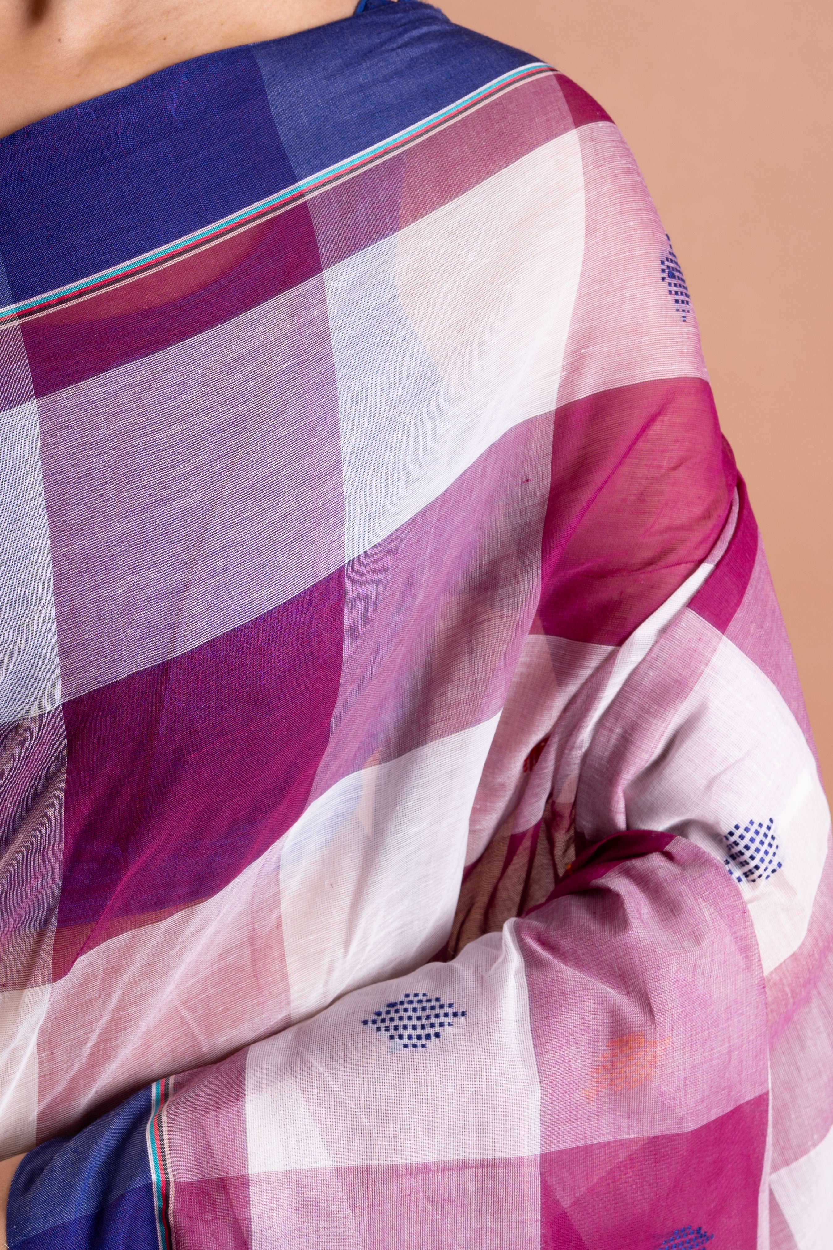 Rangrekha Pink Check Pure Handloom Saree with Blue Border