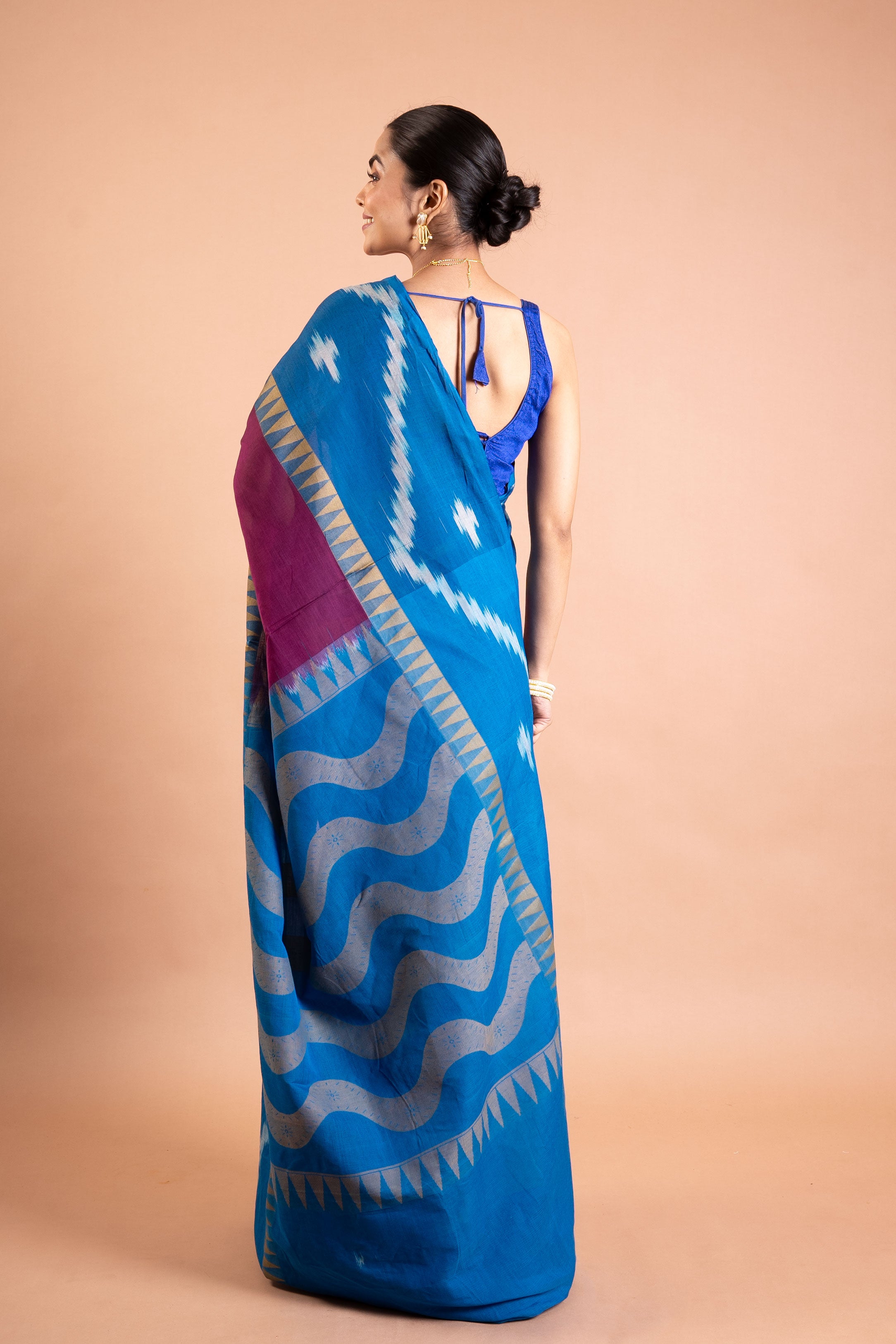 Azure Ikat Fusion Handloom Saree – Teal & Magenta