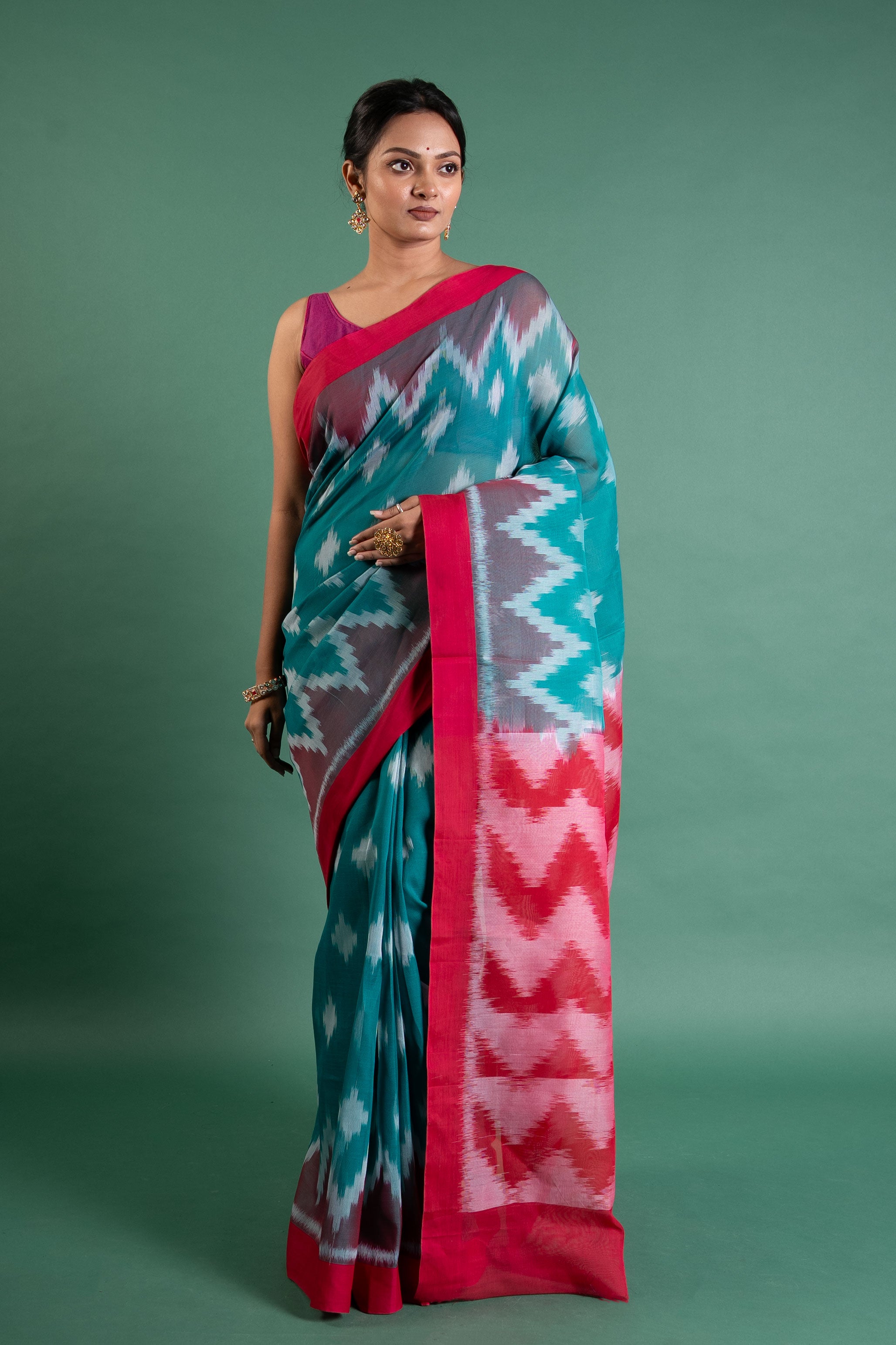 Teal & Rani Pink Handloom Ikat Saree
