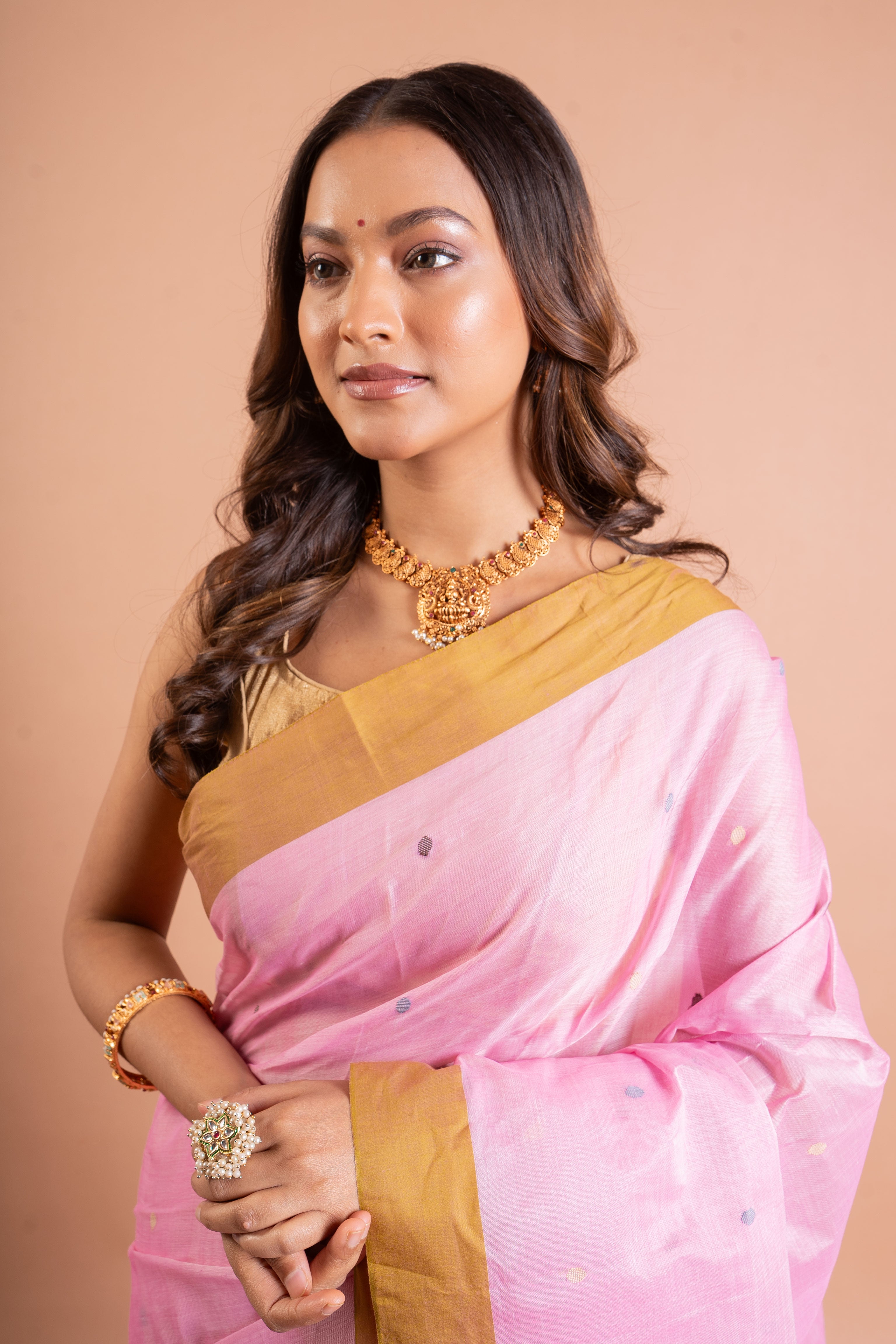 Blush Pink Handloom Cotton Saree with Mustard Gold Border