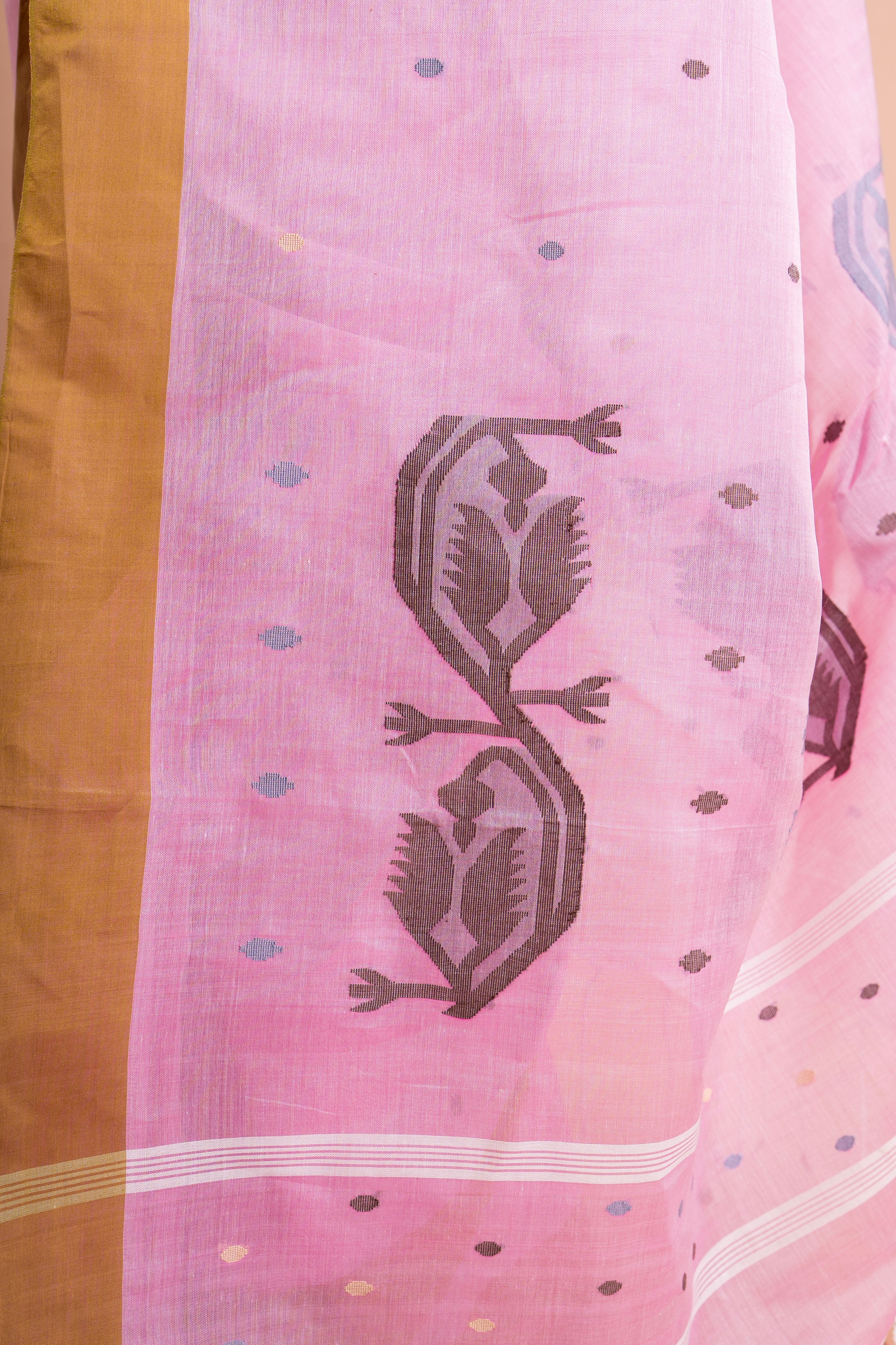 Blush Pink Handloom Cotton Saree with Mustard Gold Border