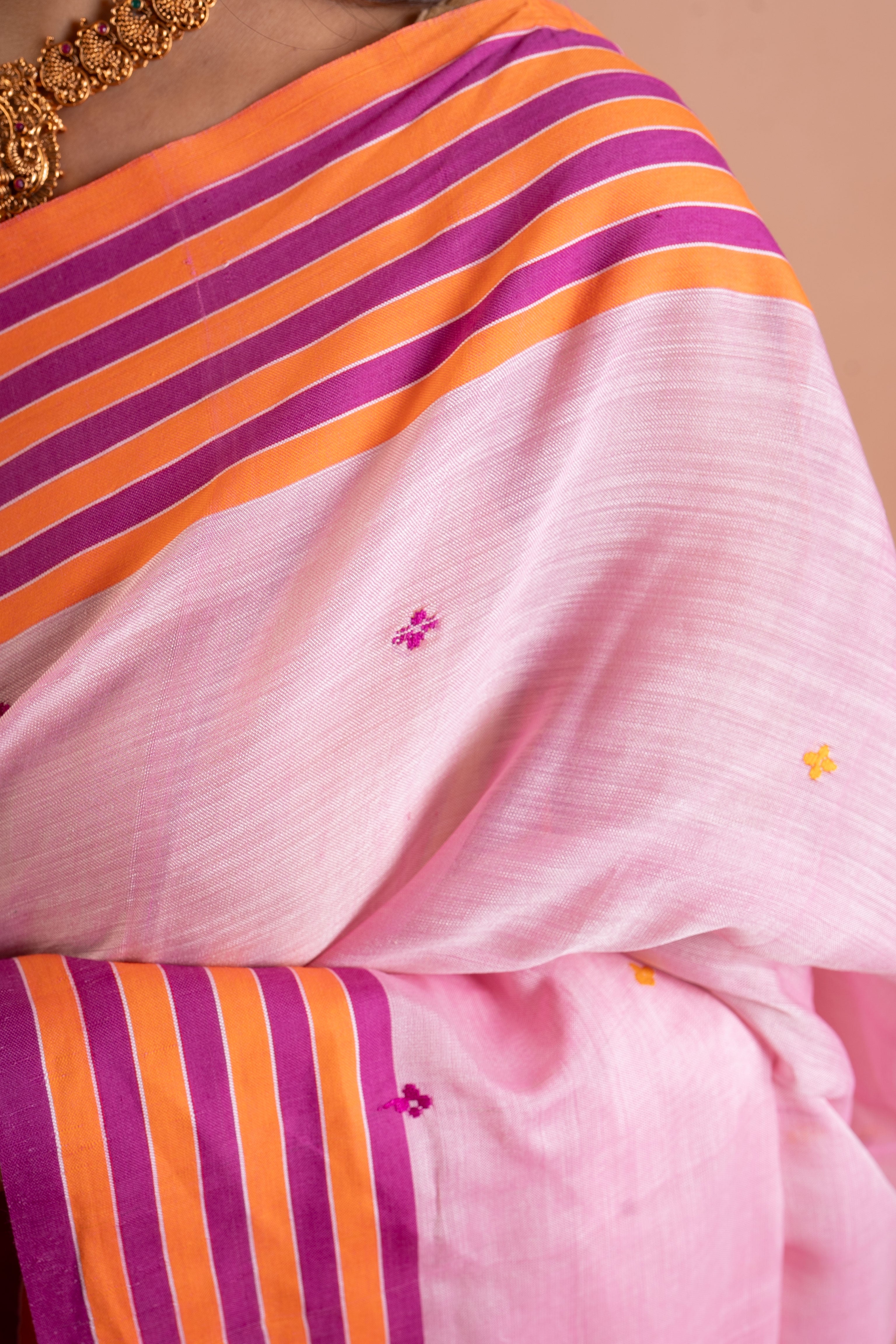 Blush Pink Handloom Saree with Magenta–Orange Stripe Border