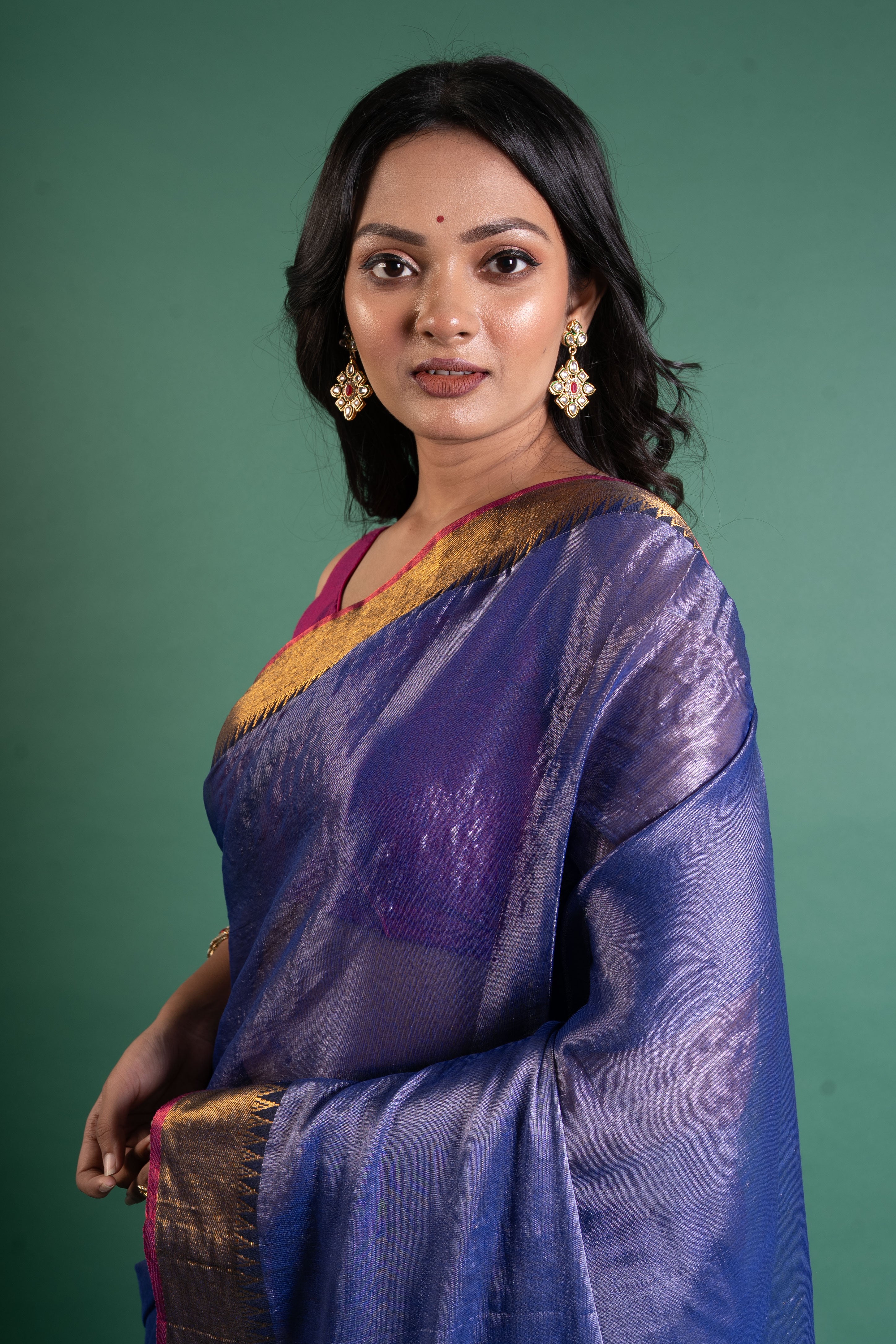 Indigo Moonlight Tissue Saree with Antique Gold Zari Border