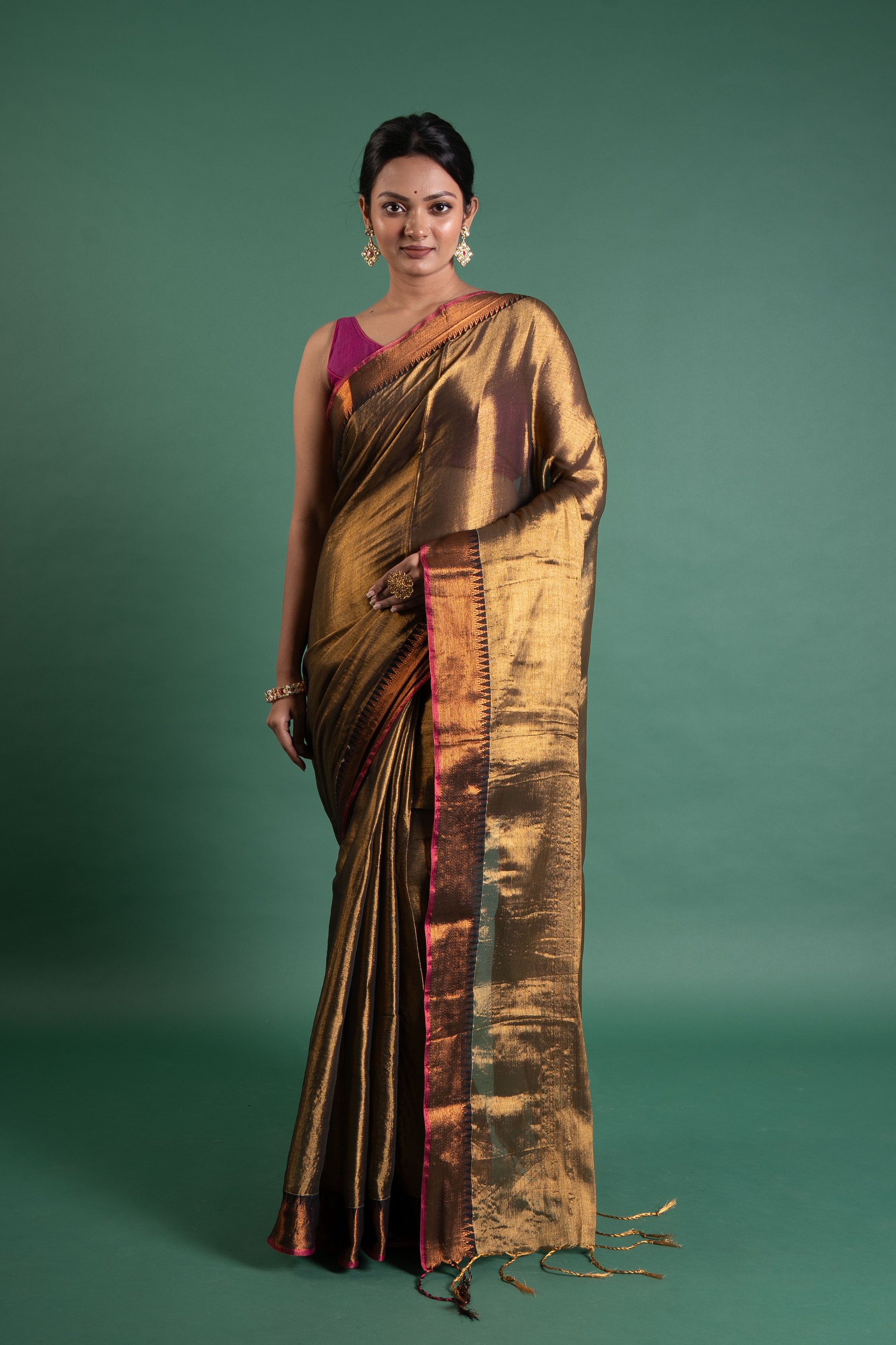 Antique Gold Pure Tissue Saree with Rani Pink Border