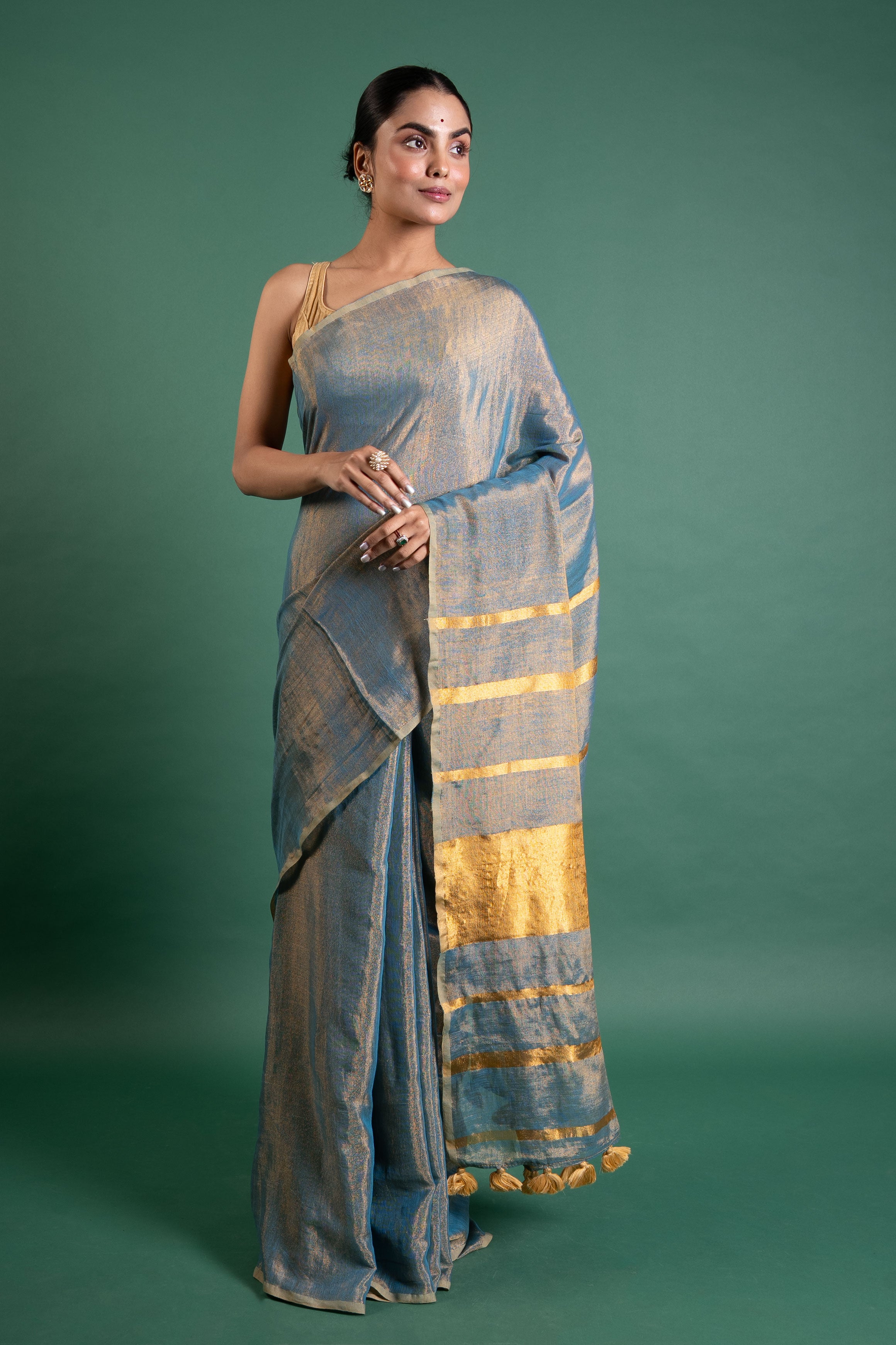 Azure Gleam Linen Tissue Saree