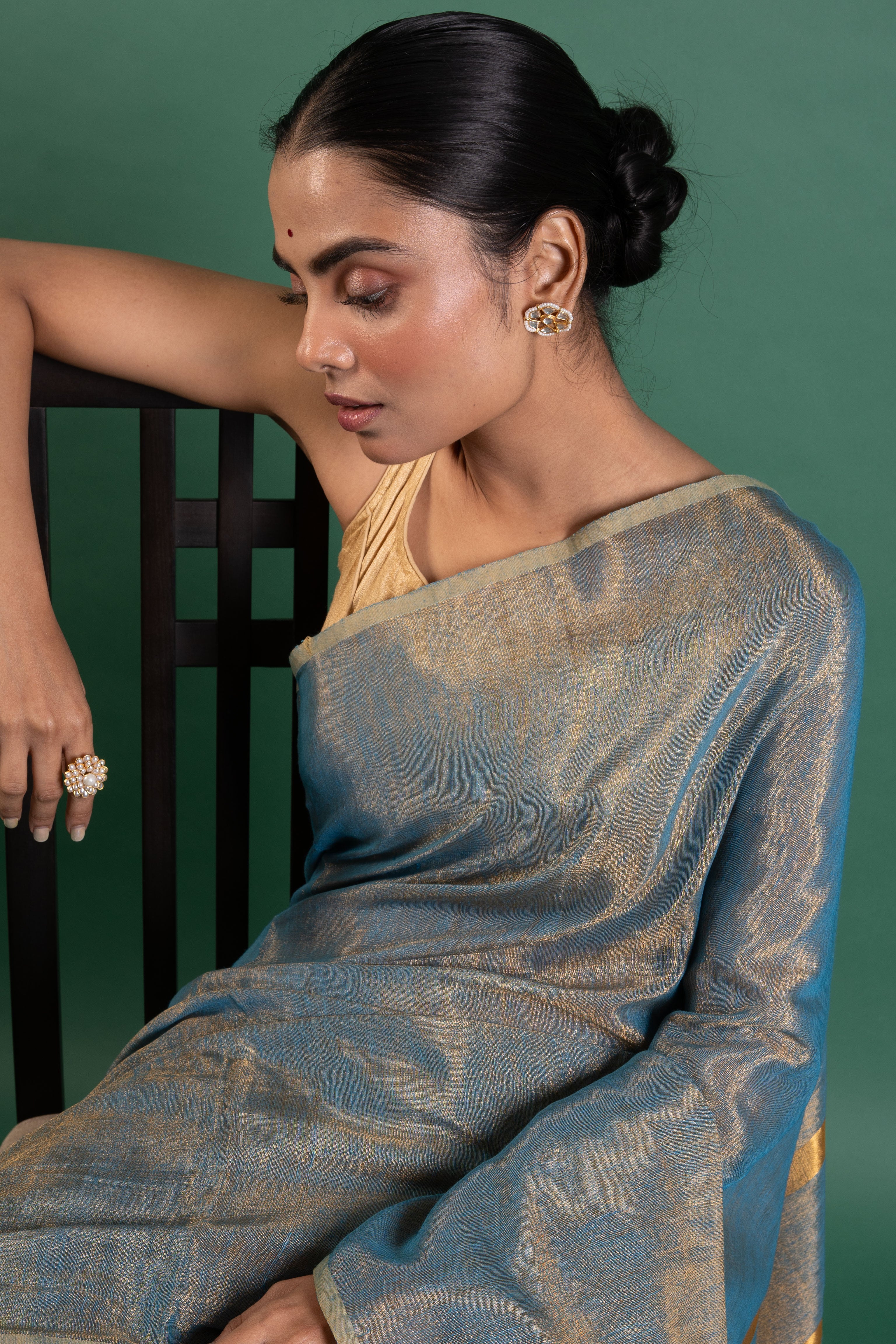 Azure Gleam Linen Tissue Saree