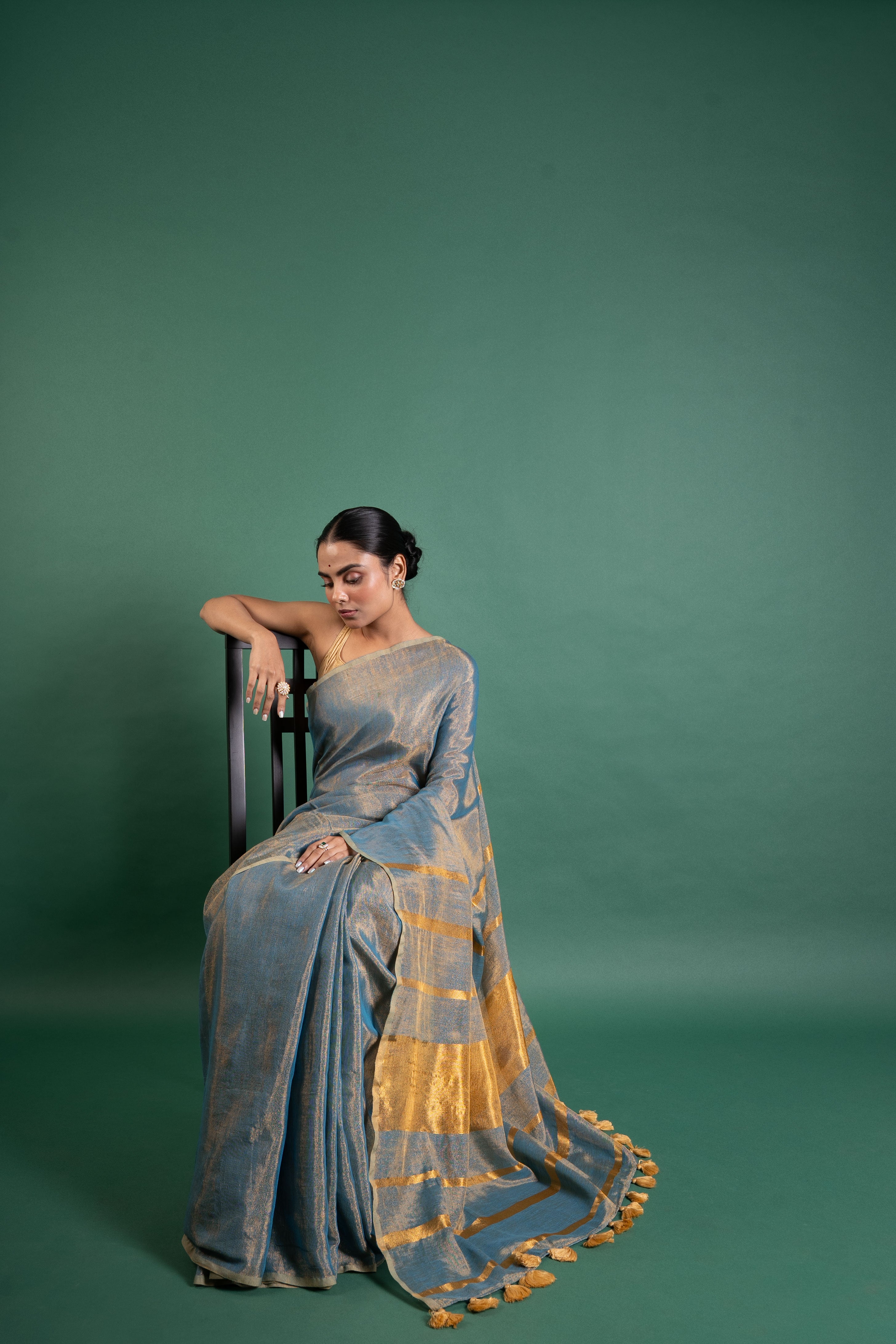 Azure Gleam Linen Tissue Saree