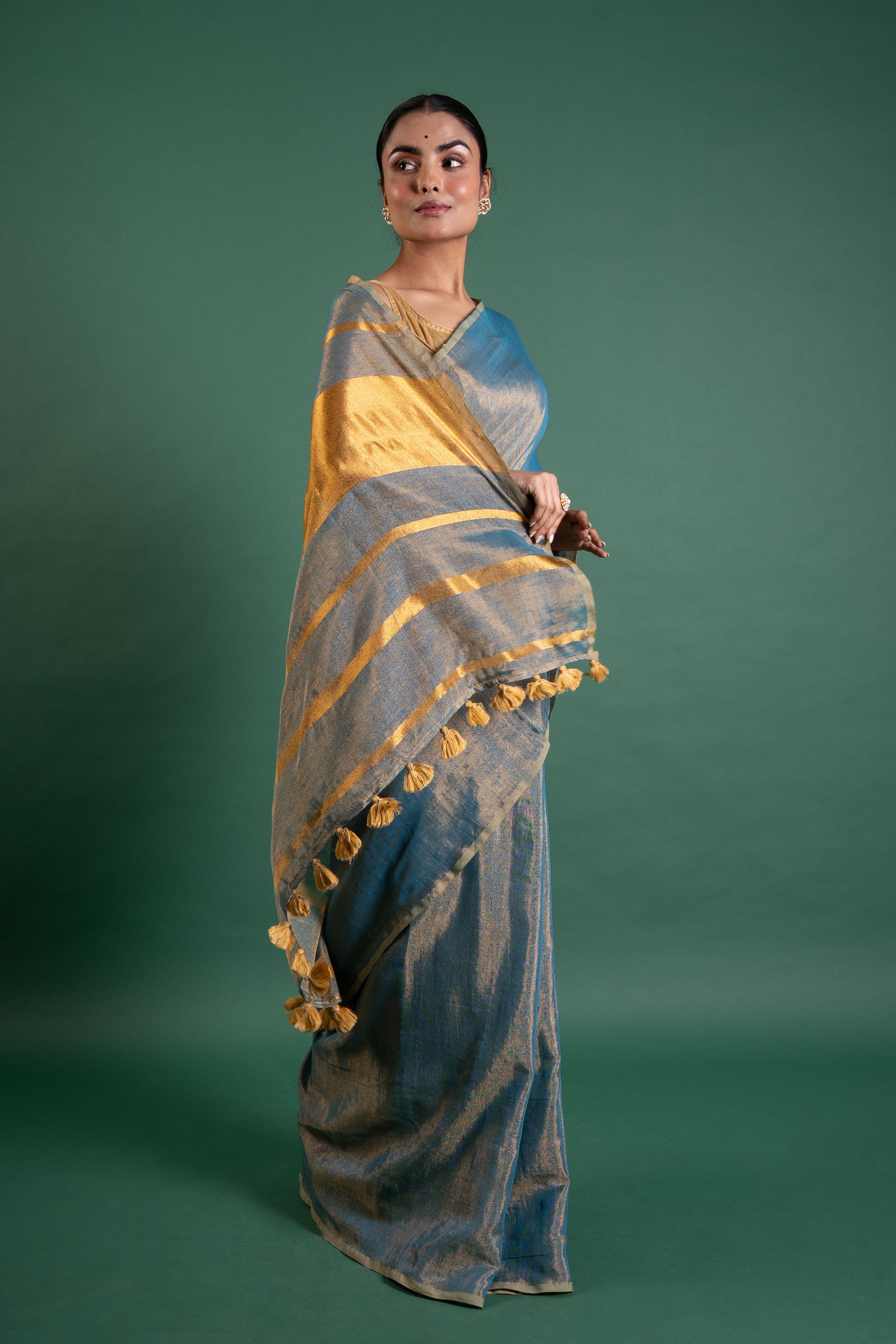 Azure Gleam Linen Tissue Saree