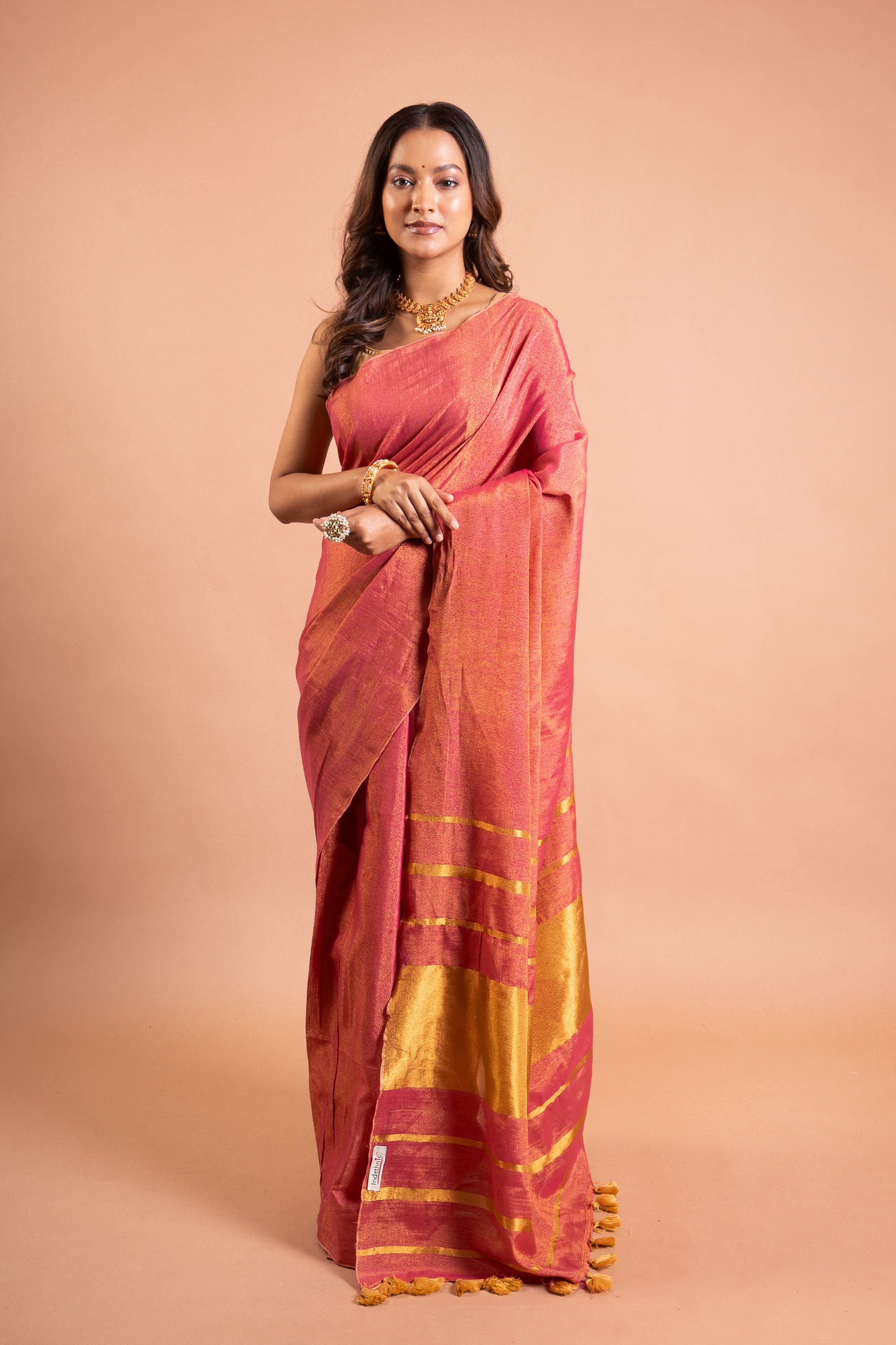 Rosewood Glow Linen Tissue Saree