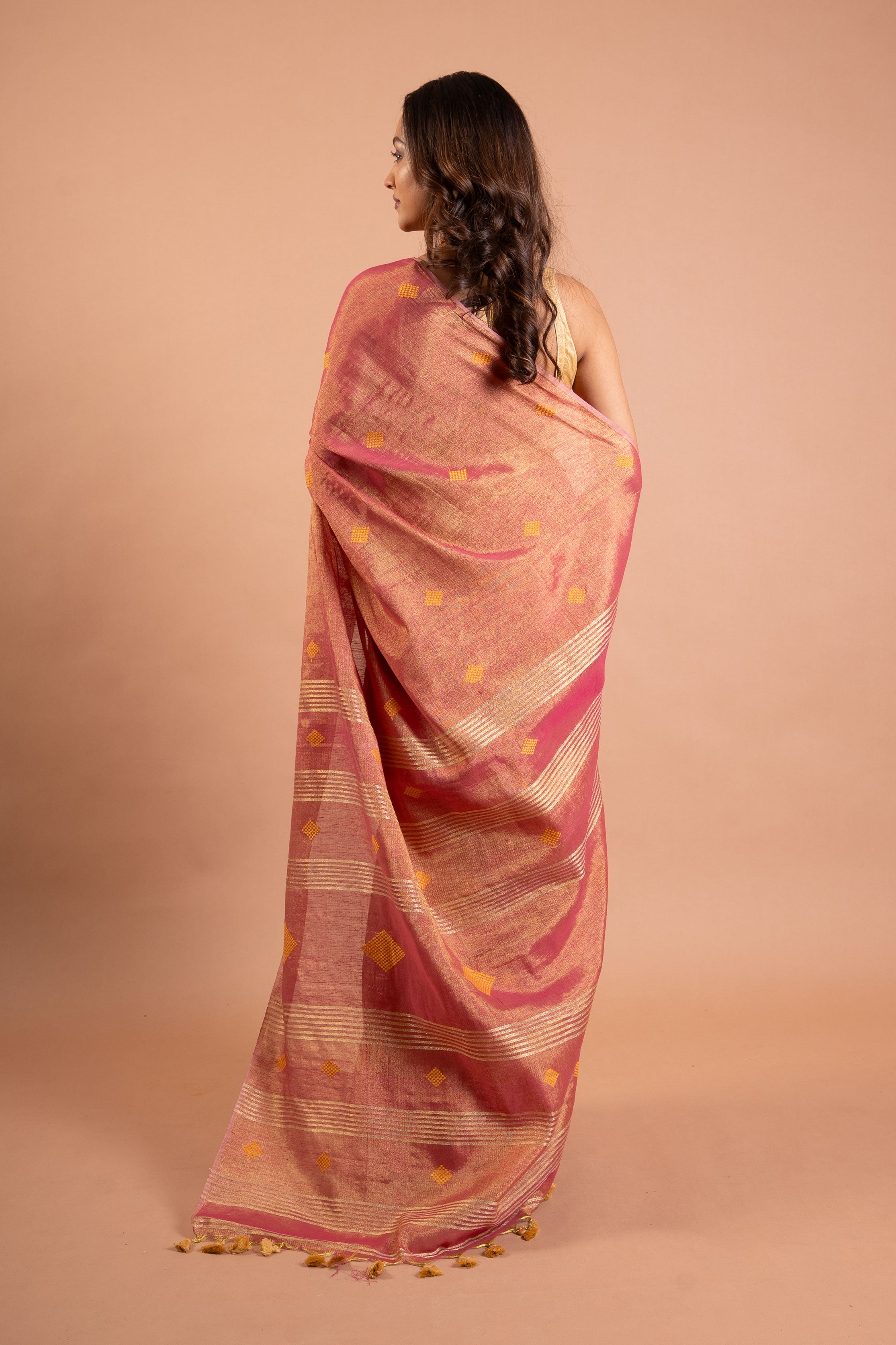 Rose-Gold Buti Linen Tissue Saree with Zari Striped Pallu
