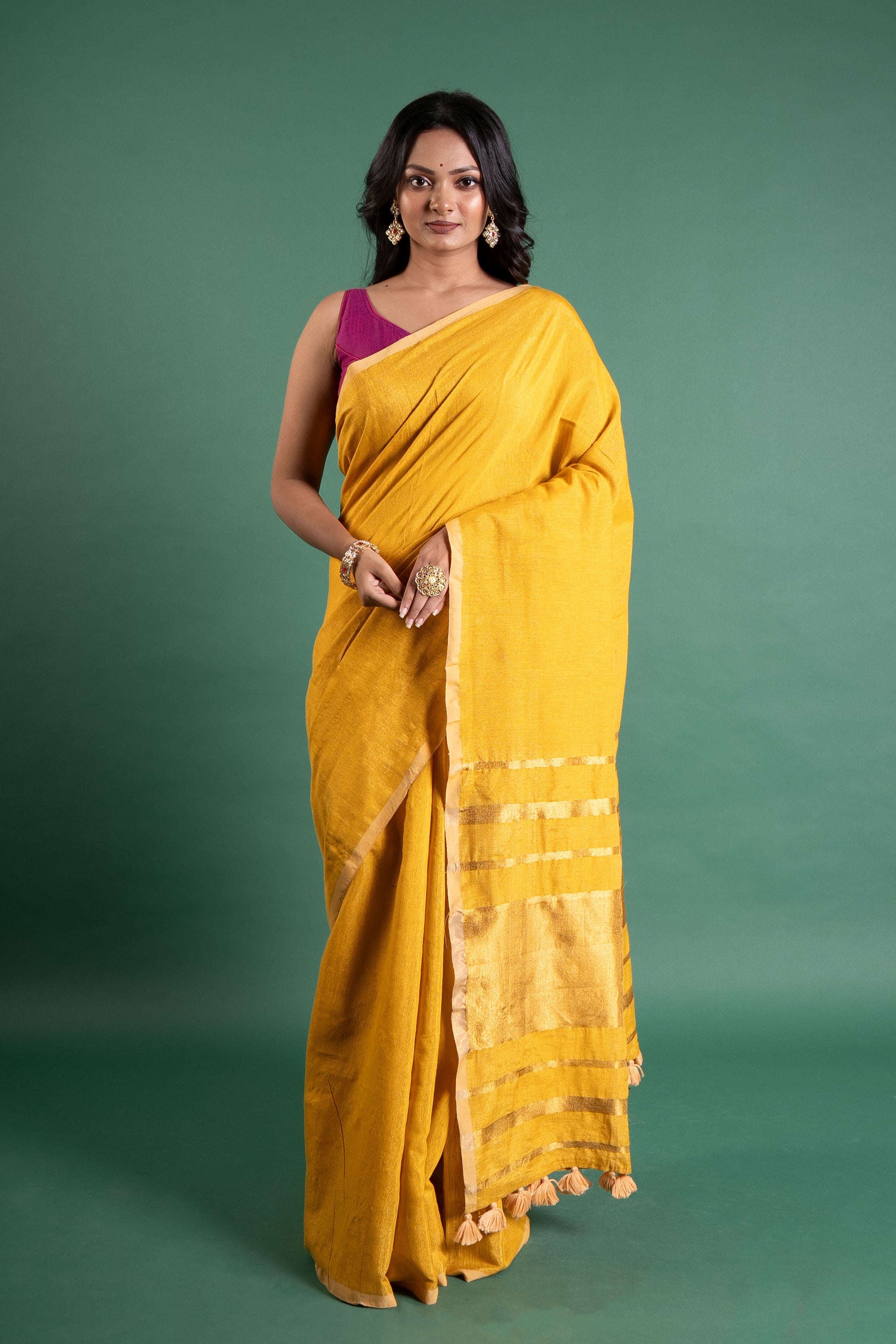 Suryakanti Mustard Linen Tissue Saree with Gold Stripe Pallu