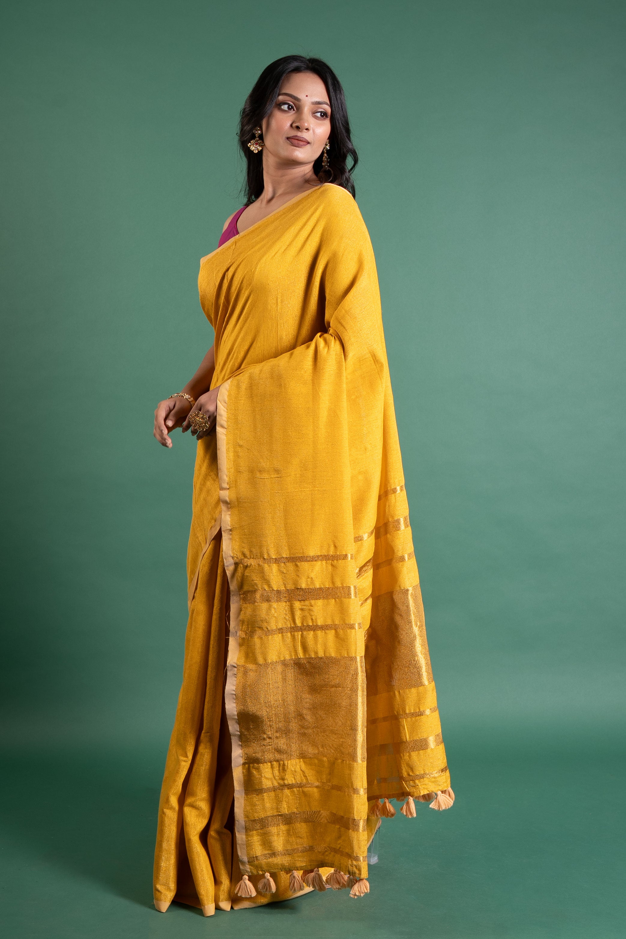 Suryakanti Mustard Linen Tissue Saree with Gold Stripe Pallu