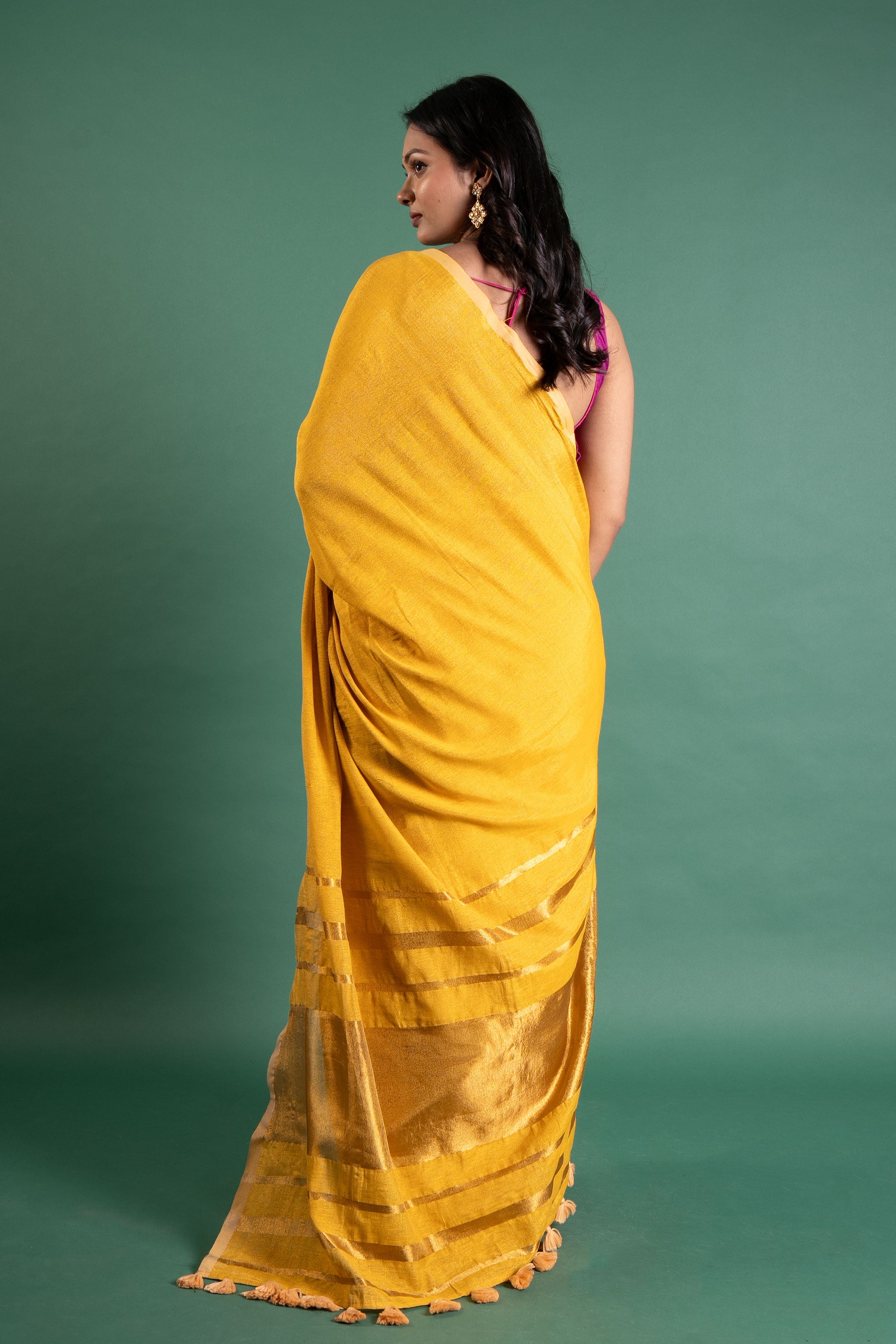 Suryakanti Mustard Linen Tissue Saree with Gold Stripe Pallu