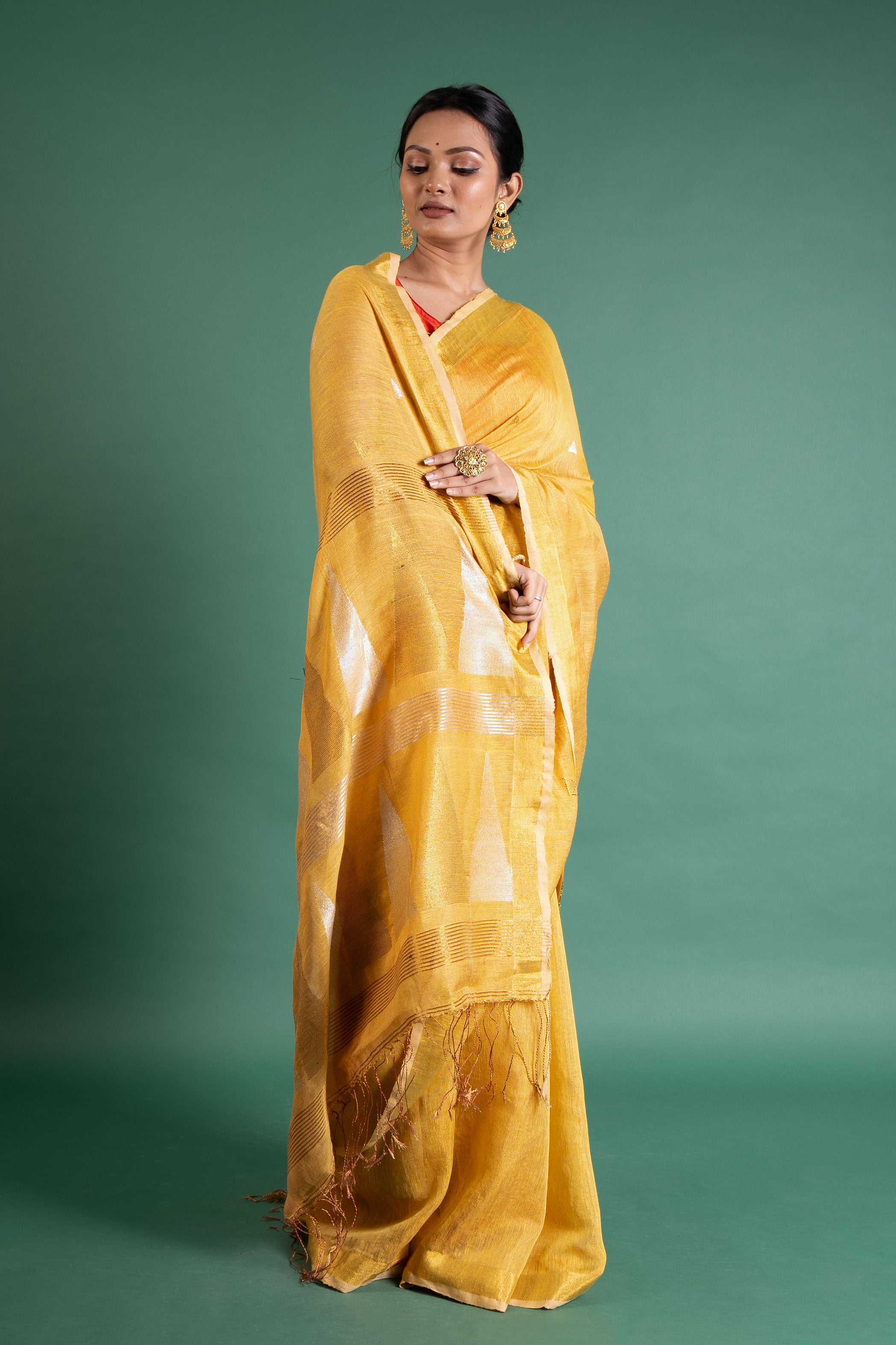 Sunlit Mustard Linen Tissue Saree with Silver Butis