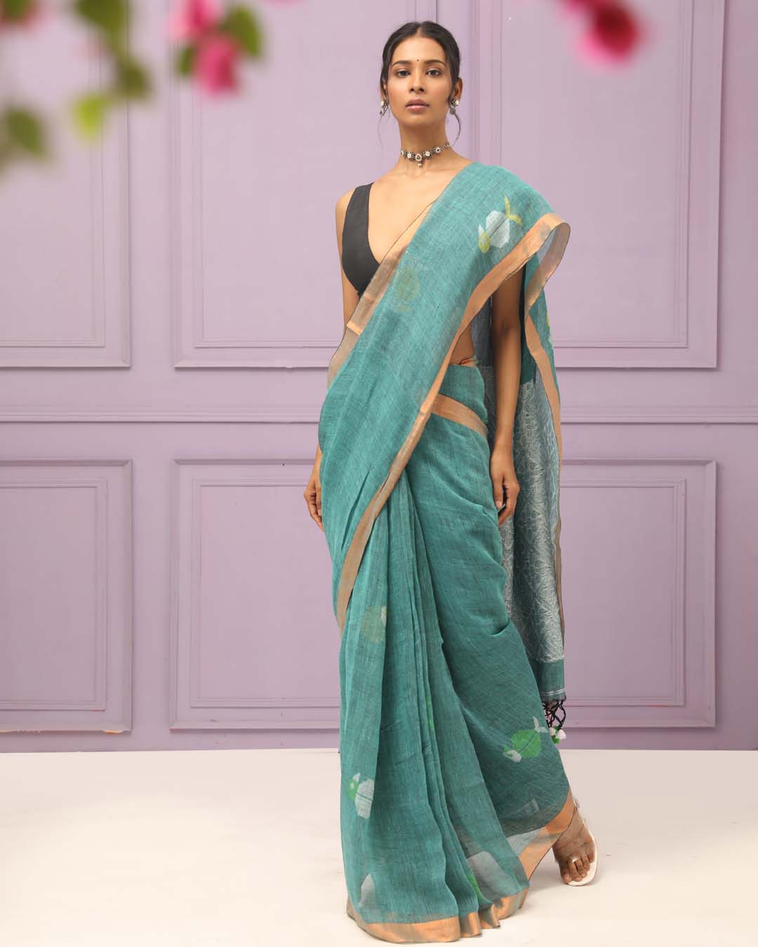 TEAL SERENITY (HANDLOOM PURE LINEN SAREE)
