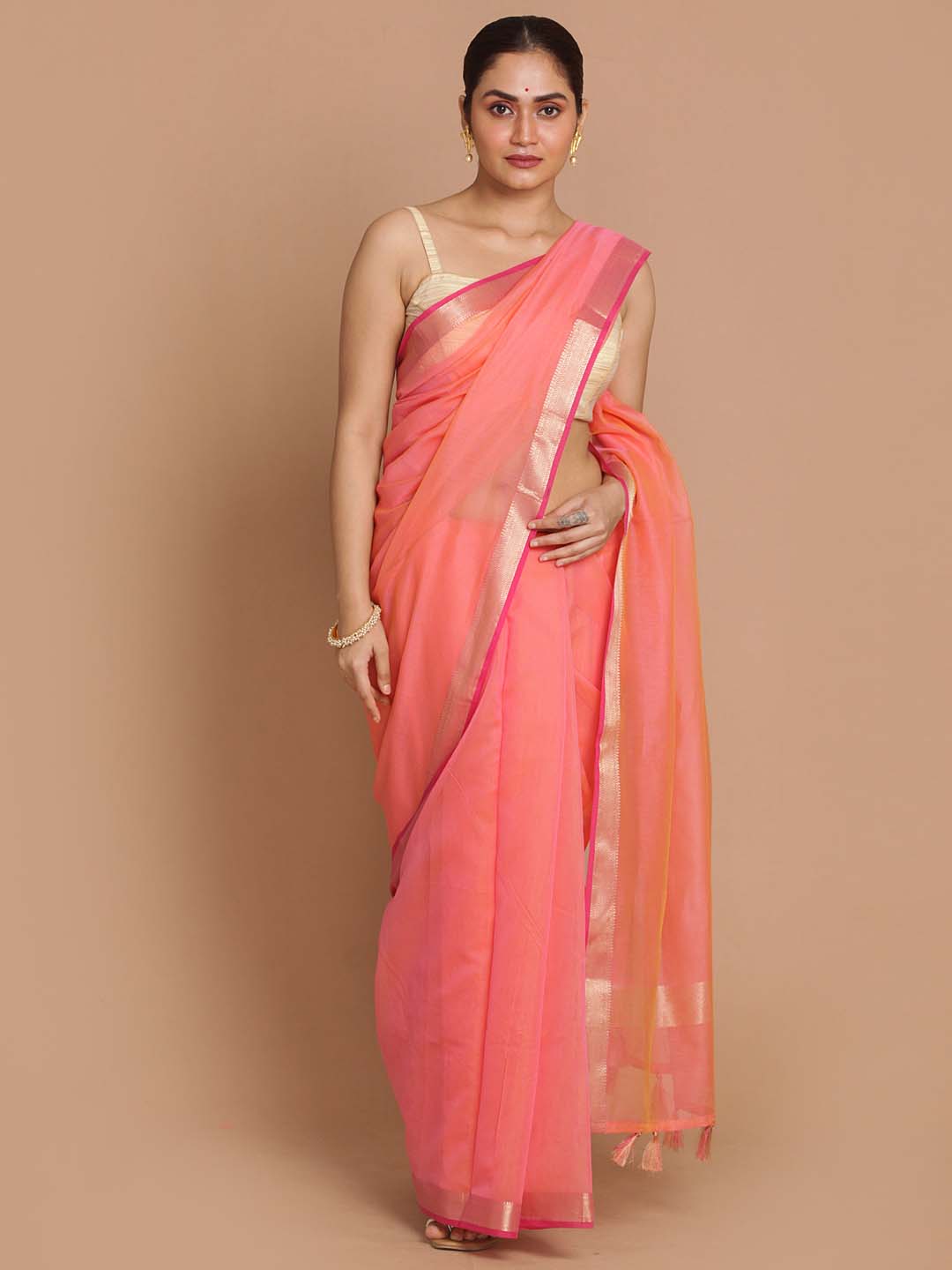 Indethnic Banarasi Coral Solid Daily Wear Saree - View 1