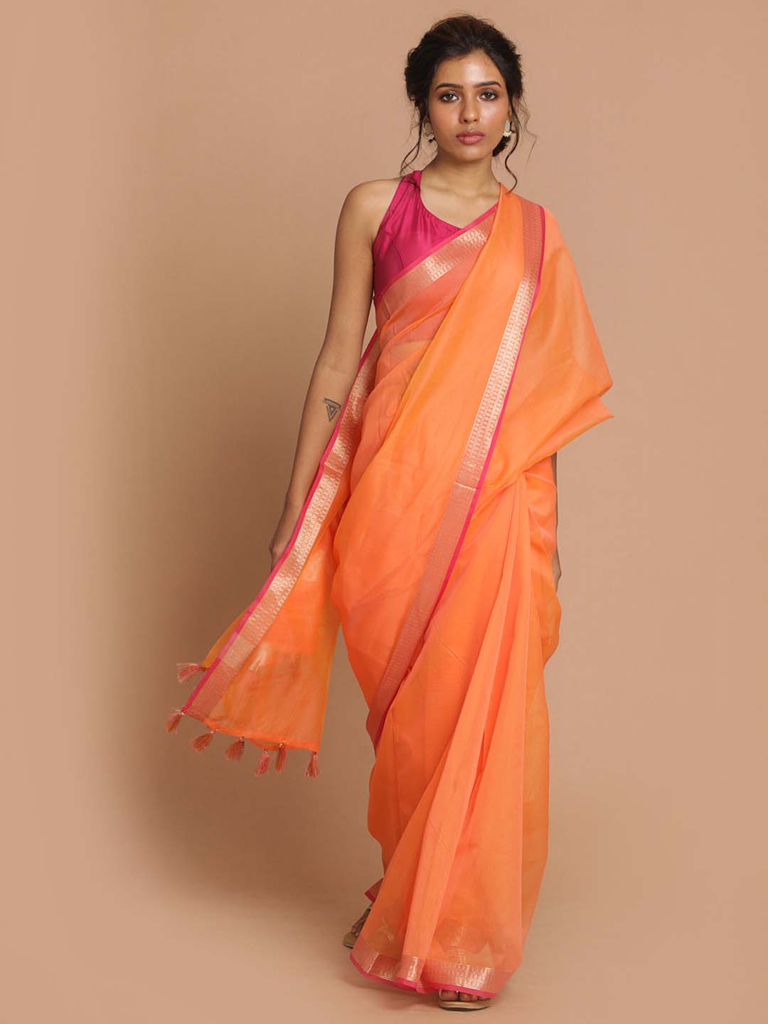 Indethnic Banarasi Orange Solid Daily Wear Saree - View 1