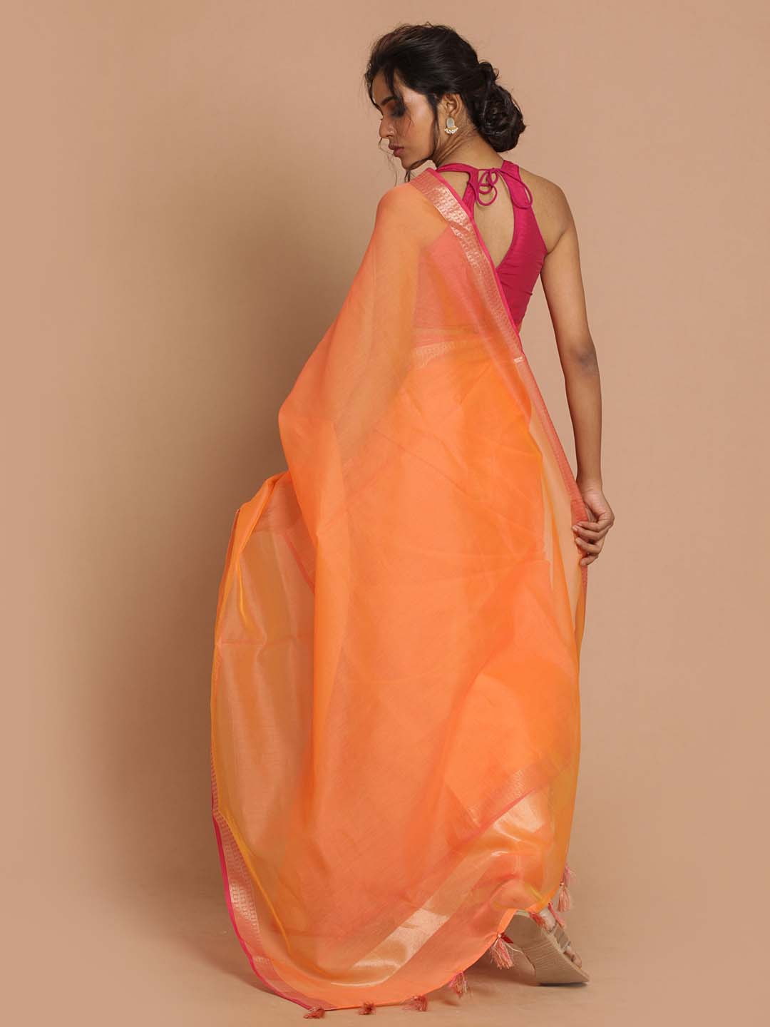 Indethnic Banarasi Orange Solid Daily Wear Saree - View 3