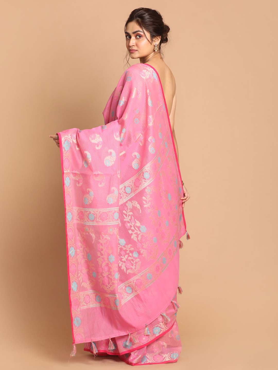 Indethnic Banarasi Pink Woven Design Party Wear Saree - View 3