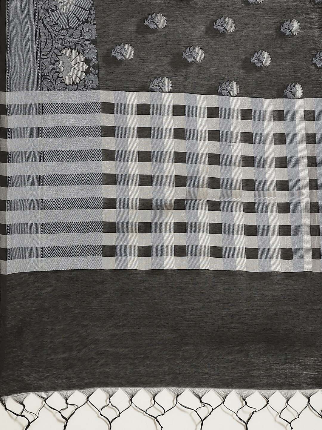 Indethnic Banarasi Black Checked Work Wear Saree - Saree Detail View