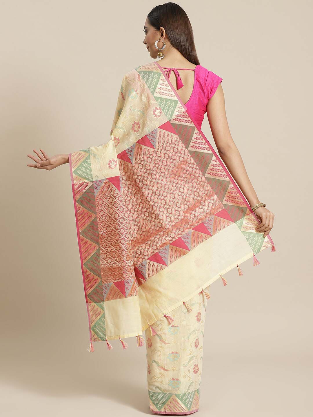 Indethnic Banarasi Cream Woven Design Festive Wear Saree - View 3