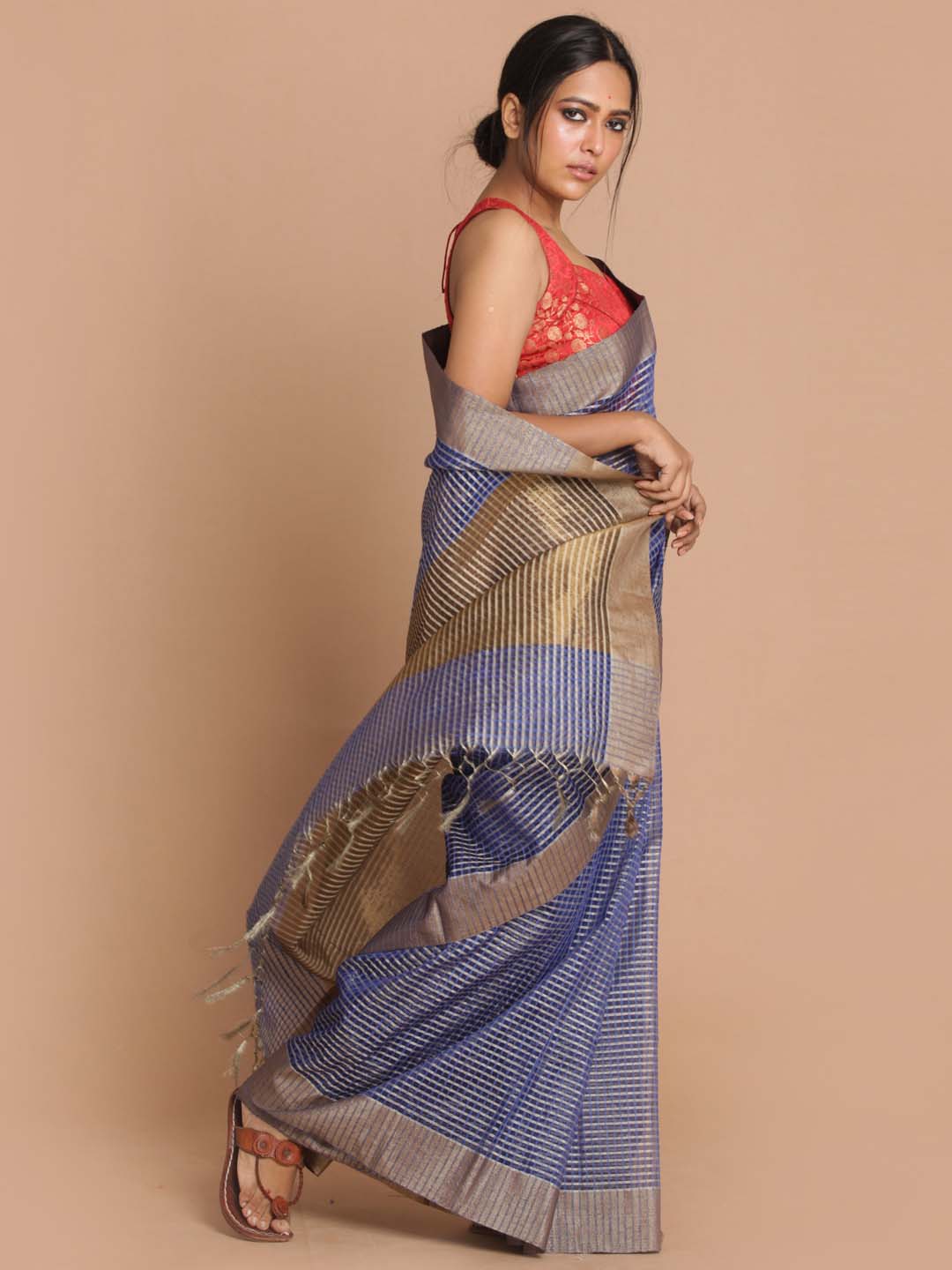 Indethnic Banarasi Navy Blue Checked Daily Wear Saree - View 2