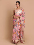 Indethnic Banarasi Coral Printed Party Wear Saree - View 1