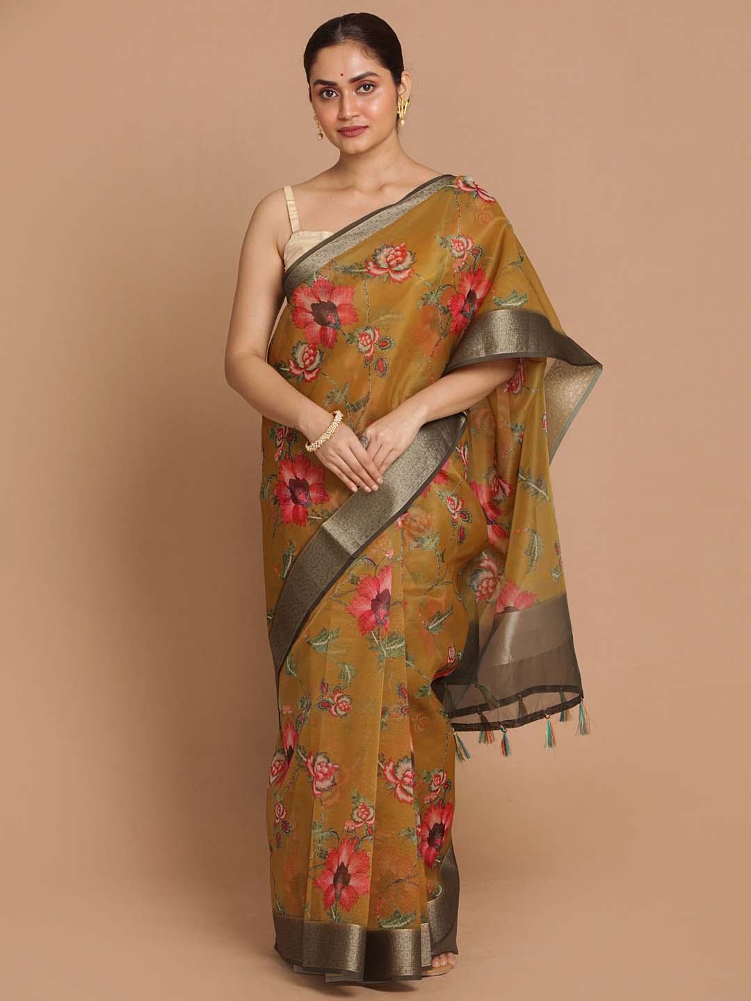 Indethnic Banarasi Olive Printed Party Wear Saree - View 1