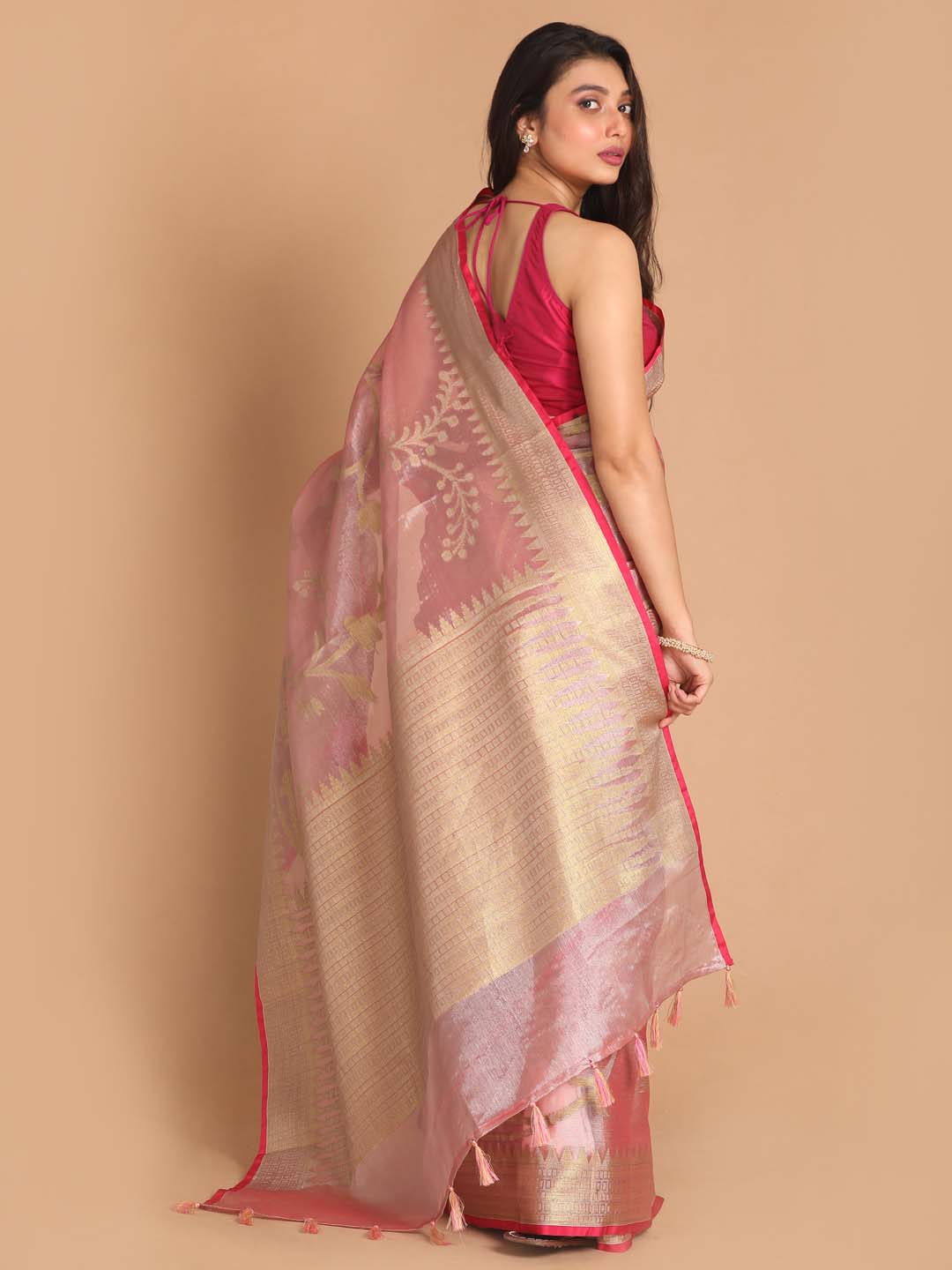 Indethnic Banarasi Coral Woven Design Party Wear Saree - View 3