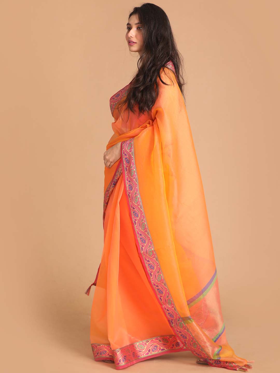 Indethnic Banarasi Orange Solid Party Wear Saree - View 2