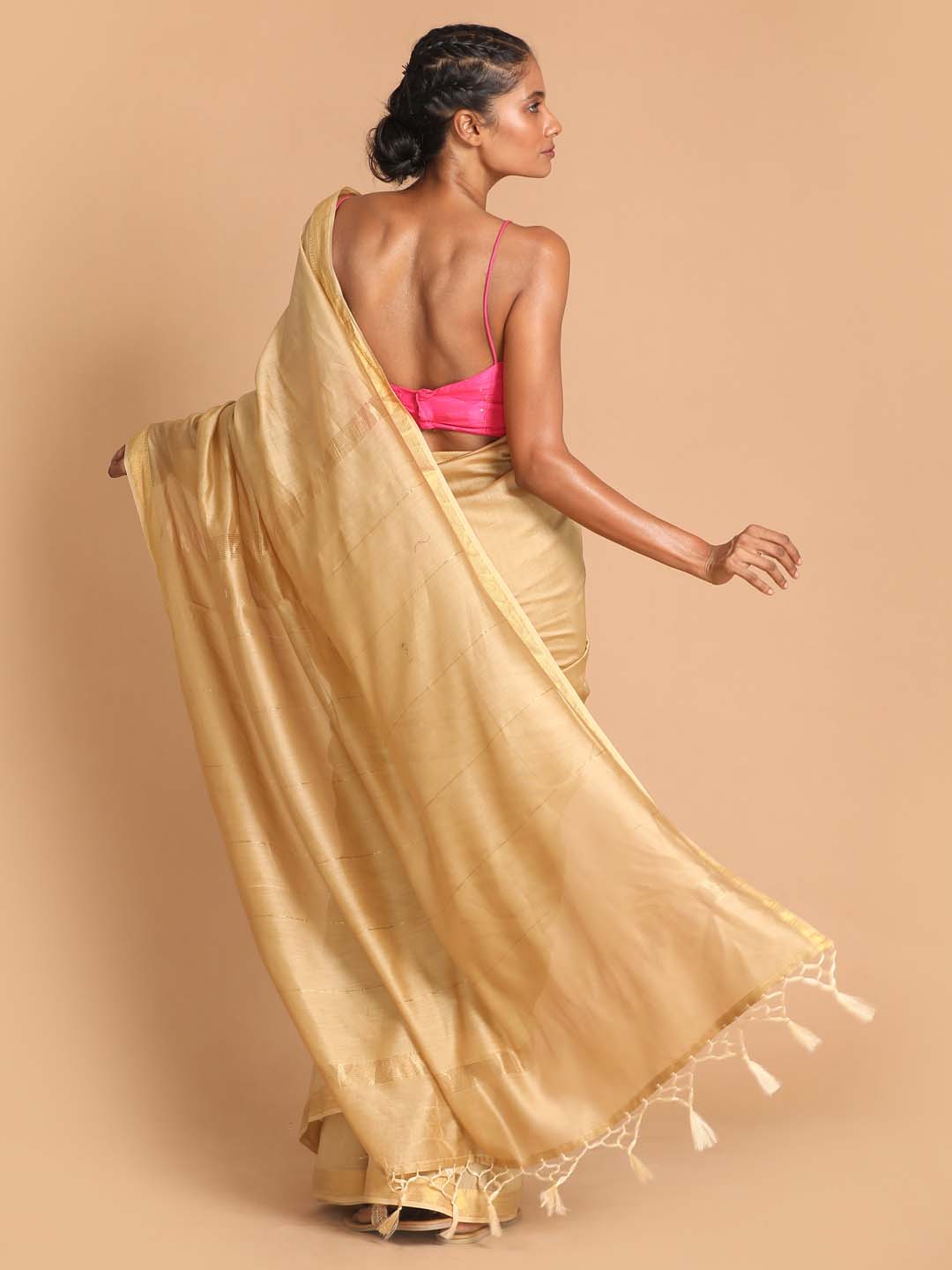 Indethnic Banarasi Beige Solid Work Wear Saree - View 3