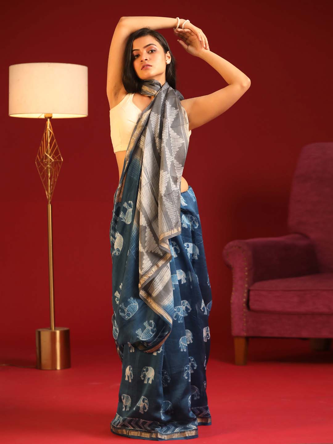 Indethnic Shibori Silk Cotton Saree in Blue - View 1