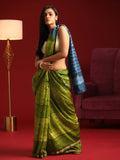 Indethnic Shibori Silk Cotton Saree in Green - View 1