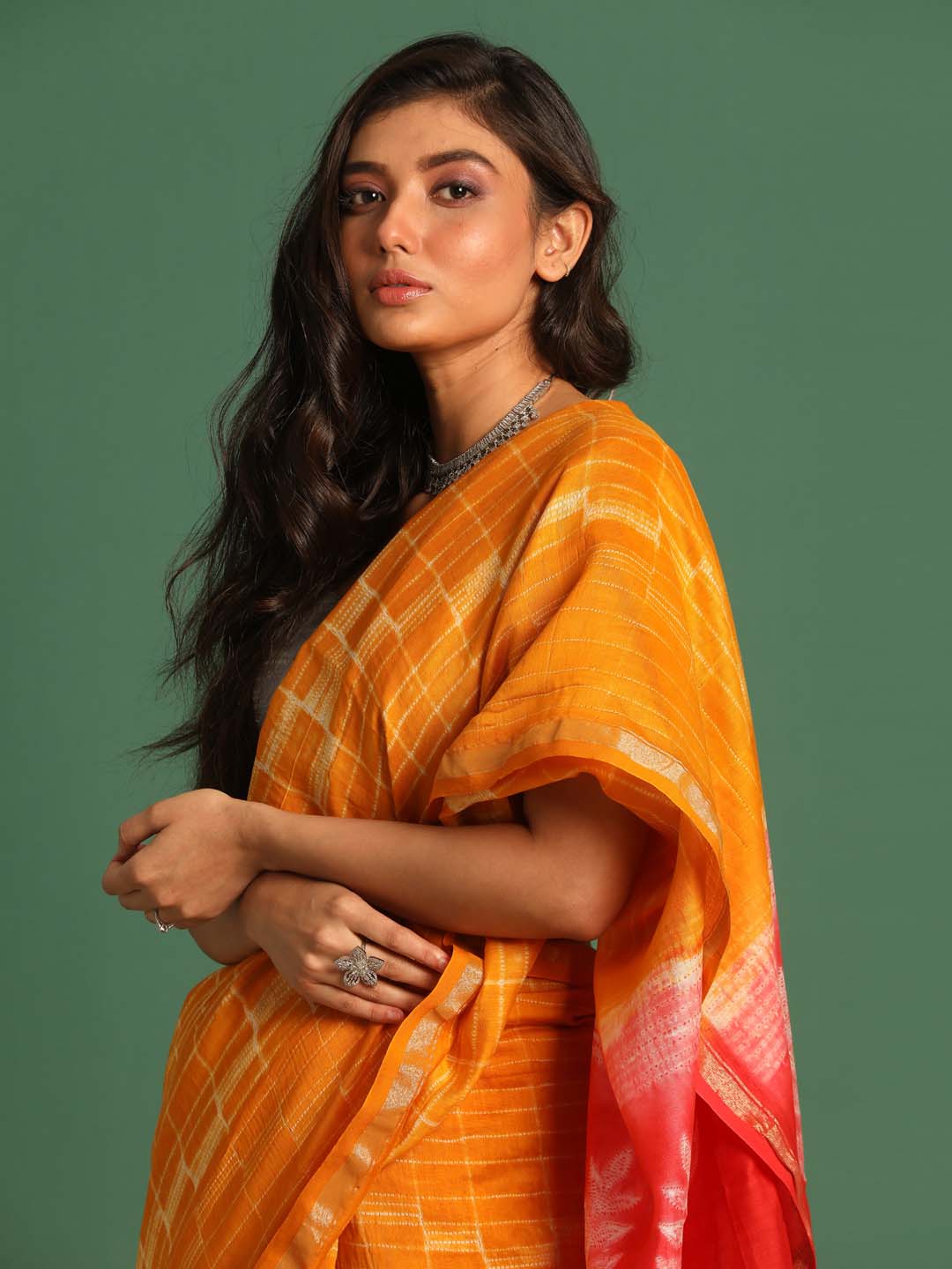 Indethnic Shibori Silk Cotton Saree in Yellow - View 2