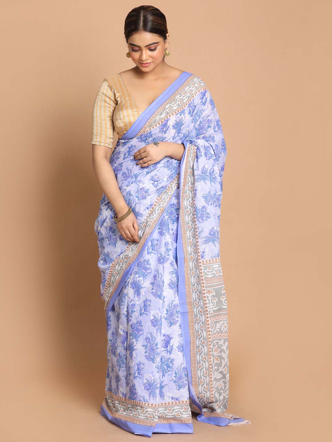Indethnic Printed Pure Cotton Saree in Lavendar - View 1