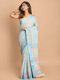 Indethnic Printed Cotton Blend Saree in Blue - View 1