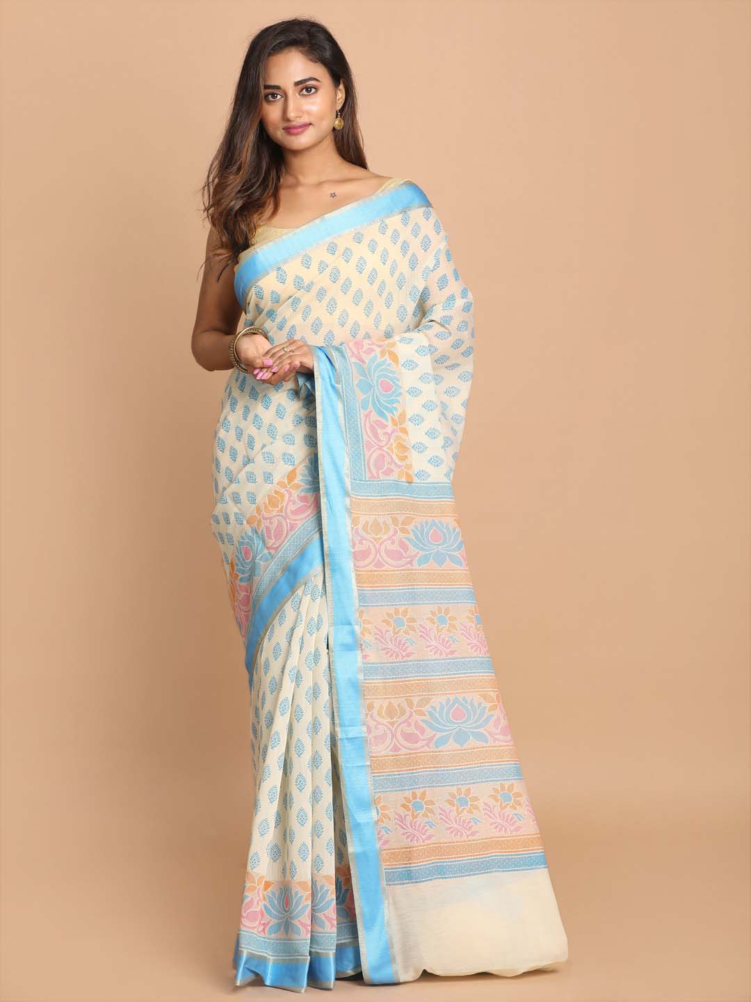 Indethnic Printed Cotton Blend Saree in Blue - View 1