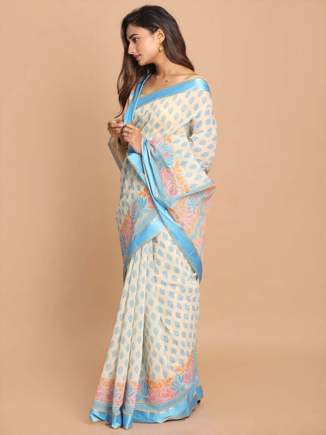 Indethnic Printed Cotton Blend Saree in Blue - View 2