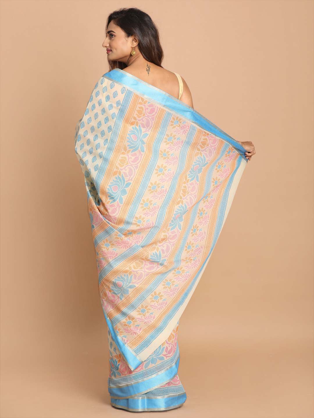 Indethnic Printed Cotton Blend Saree in Blue - View 3