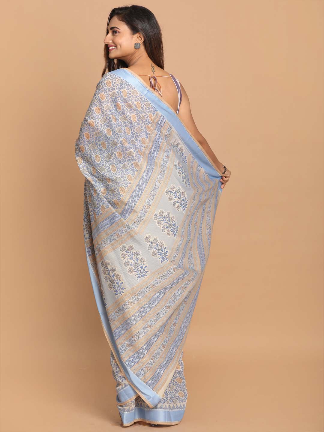 Indethnic Printed Cotton Blend Saree in Blue - View 3